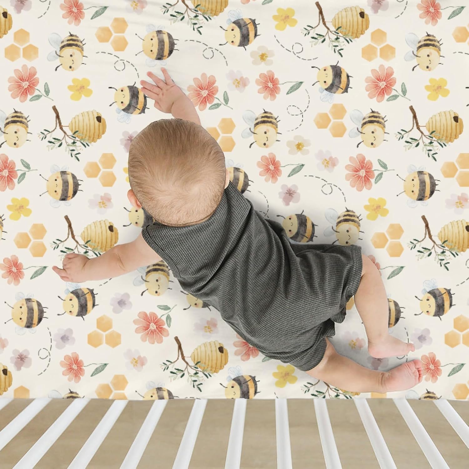 Pastel Bee Floral Baby Crib Sheets for Boy Girl 52x28Inch Vintage Bees Honeycomb Flowers Soft Snug Fitted Crib Mattress Covers Summer Spring Garden Baby Sheet for Standard Crib & Toddler Mattress