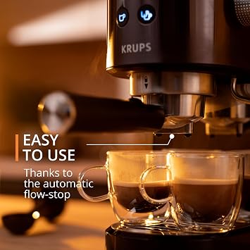 Krups Virtuoso+ Pump Espresso Machine – Compact Black Stainless-Steel Design, 15-Bar Pump for Rich Extraction, Auto Flow-Stop, 4-Button Interface & Steam Nozzle for Espresso & Cappuccino - XP444GG0