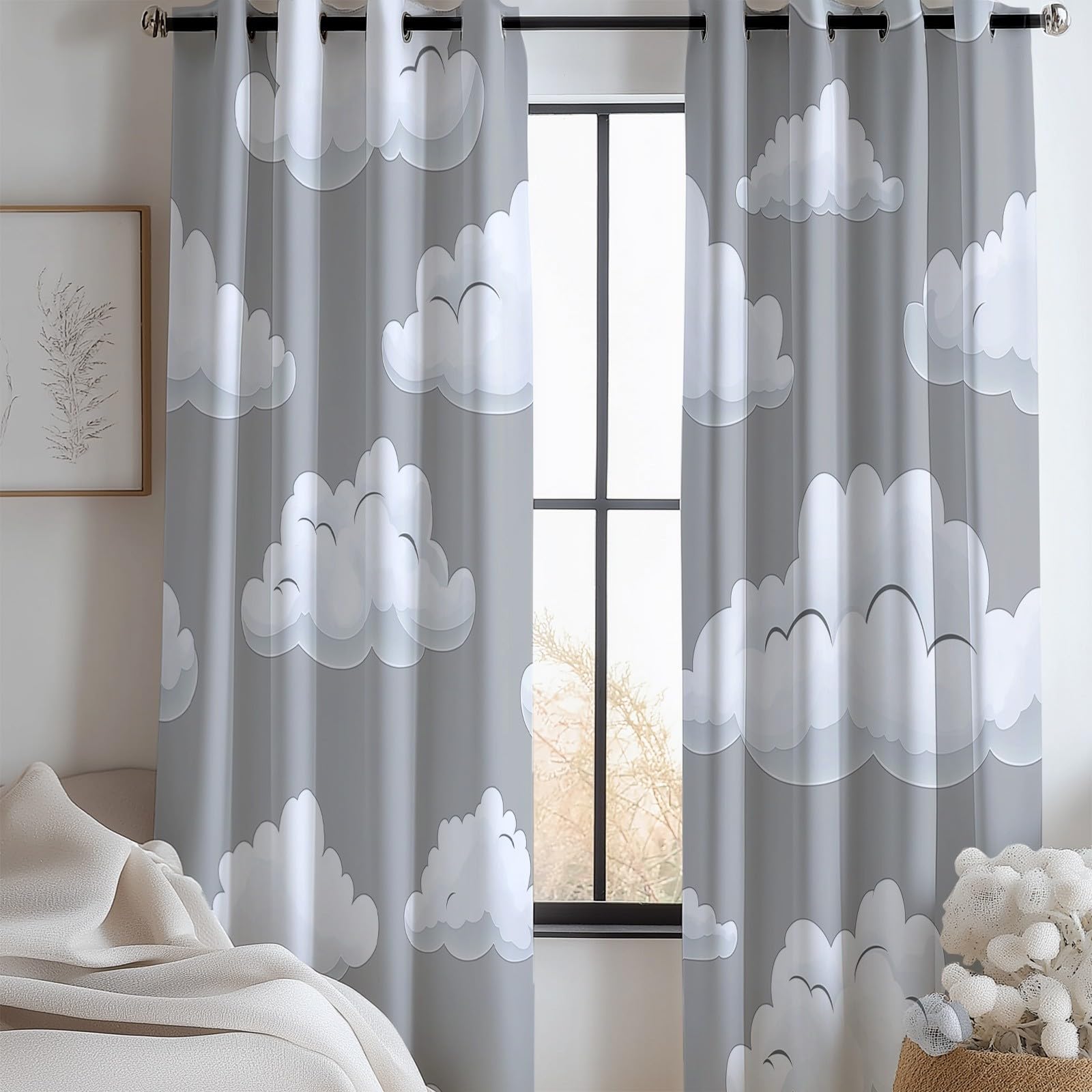 Générique Lot de 2 Rideaux 100% Occultants Gris, Rideaux de Fenêtre à Isolation ImpriméS à Nuages Rêve Simples pour Salon Chambre à Coucher Maison Bureau Draperies à Oeillets 110L x 215H cm