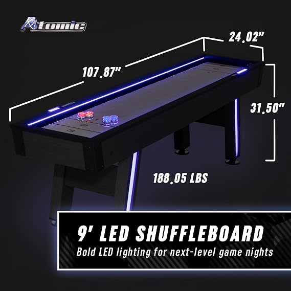Atomic 9' Azure LED Shuffleboard Table LightUp Rails & Legs, LED Scoring System, Sleek Graphite Finish, Includes 8 LED Pucks & Shuffleboard Powder