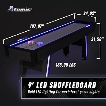 Atomic 9' Azure LED Shuffleboard Table LightUp Rails & Legs, LED Scoring System, Sleek Graphite Finish, Includes 8 LED Pucks & Shuffleboard Powder