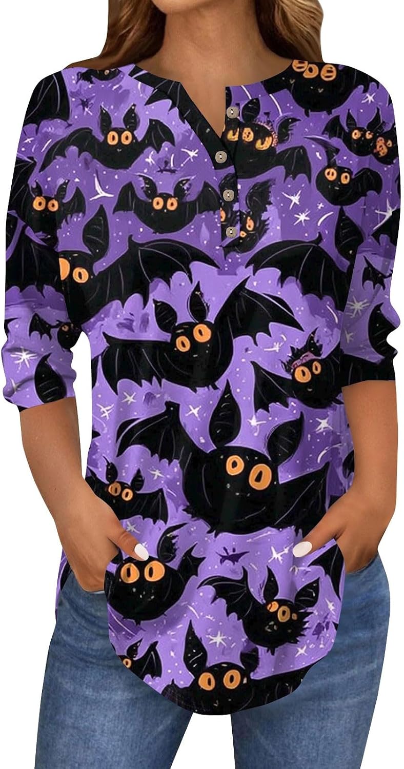 Womens Long Sleeve Halloween Fall Button V Neck Graphic Shirts | Petite Tops, Plus Size Shirt, Light Weight Long Sleeve Blouses for Women Summer, Cruise Wear for Women,