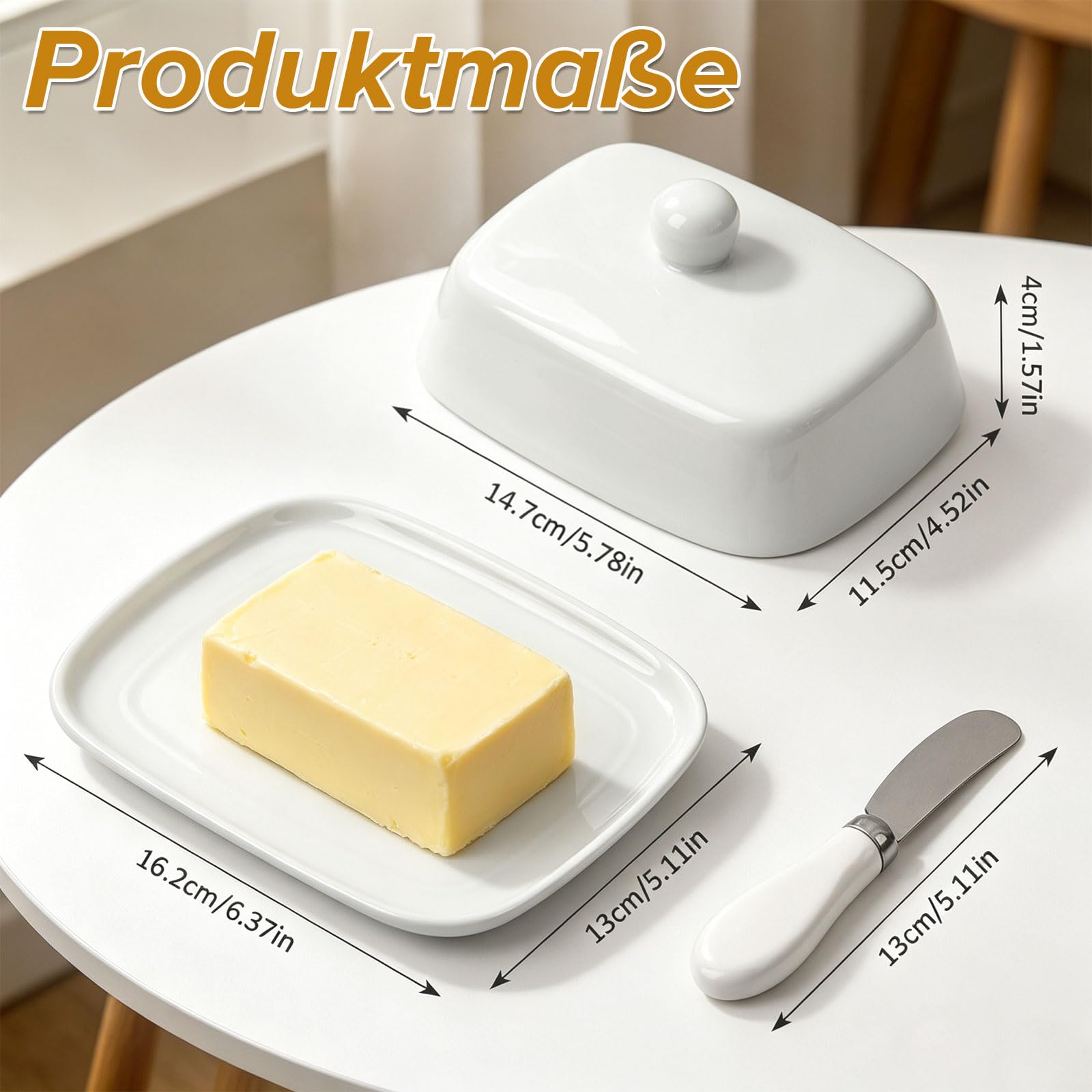 Butterdose Keramik mit Buttermesser– Weiße Porzellan Butterdose für 250g Butter, Mit Deckel für Frischehaltung