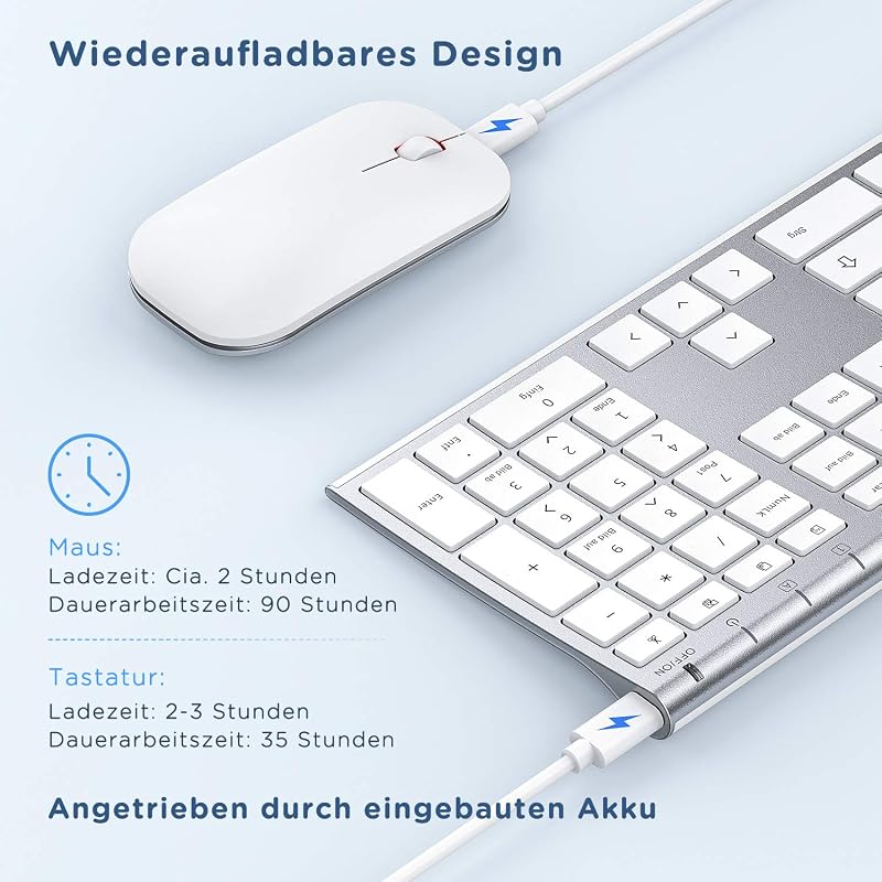 seenda Vezeték Nélküli Billentyűzet-Egér Szett - Ultravékony Alumínium QWERTZ Német Kiosztás, Újratölthető, Windows/PC/Laptop/Smart TV Kompa