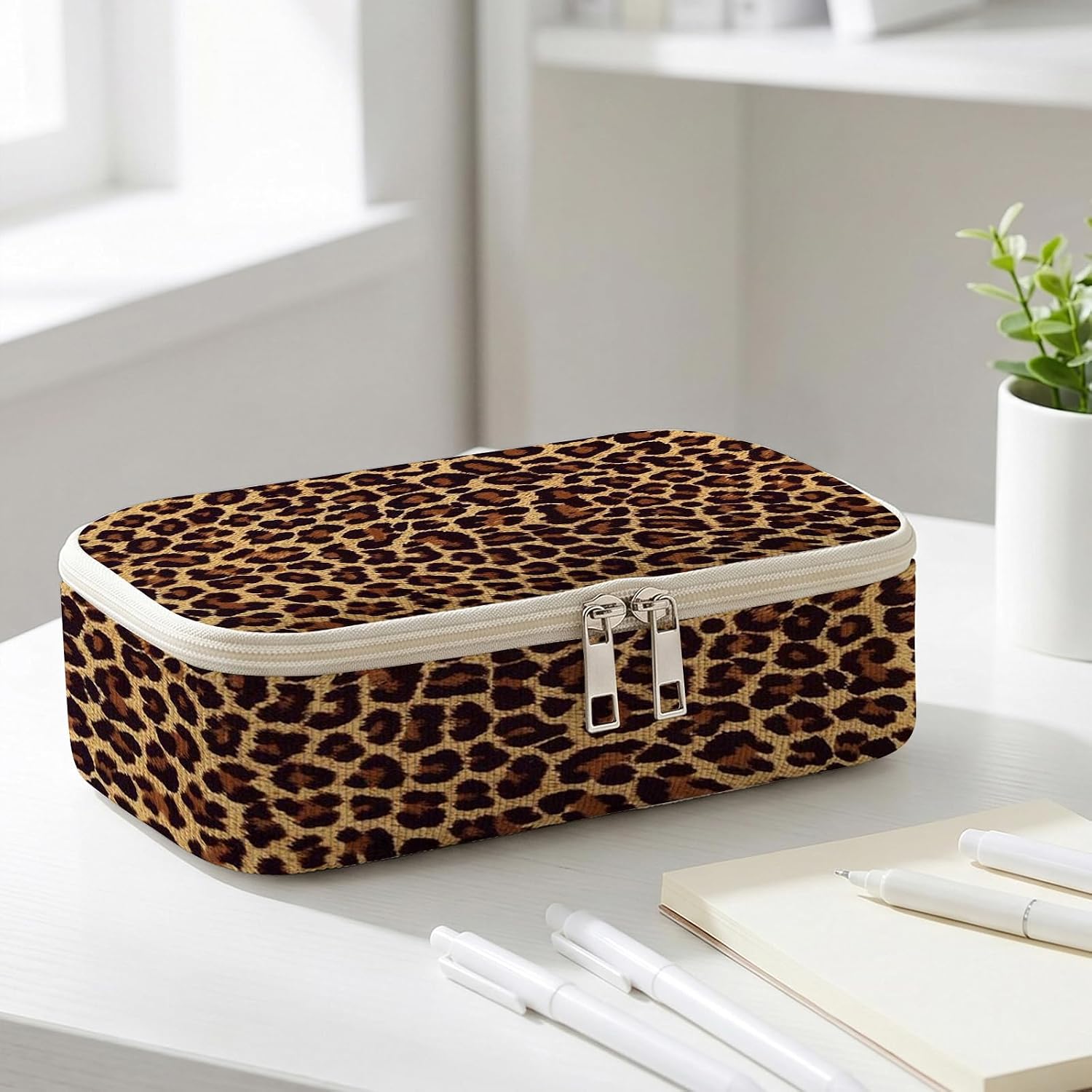 Cute Pencil Case with Zipper,Large Capacity Pencil Pouch for Teacher,Storage Organizer for Pen Marker Stationery Supplies Earbuds Chargers Cables (Leopard)