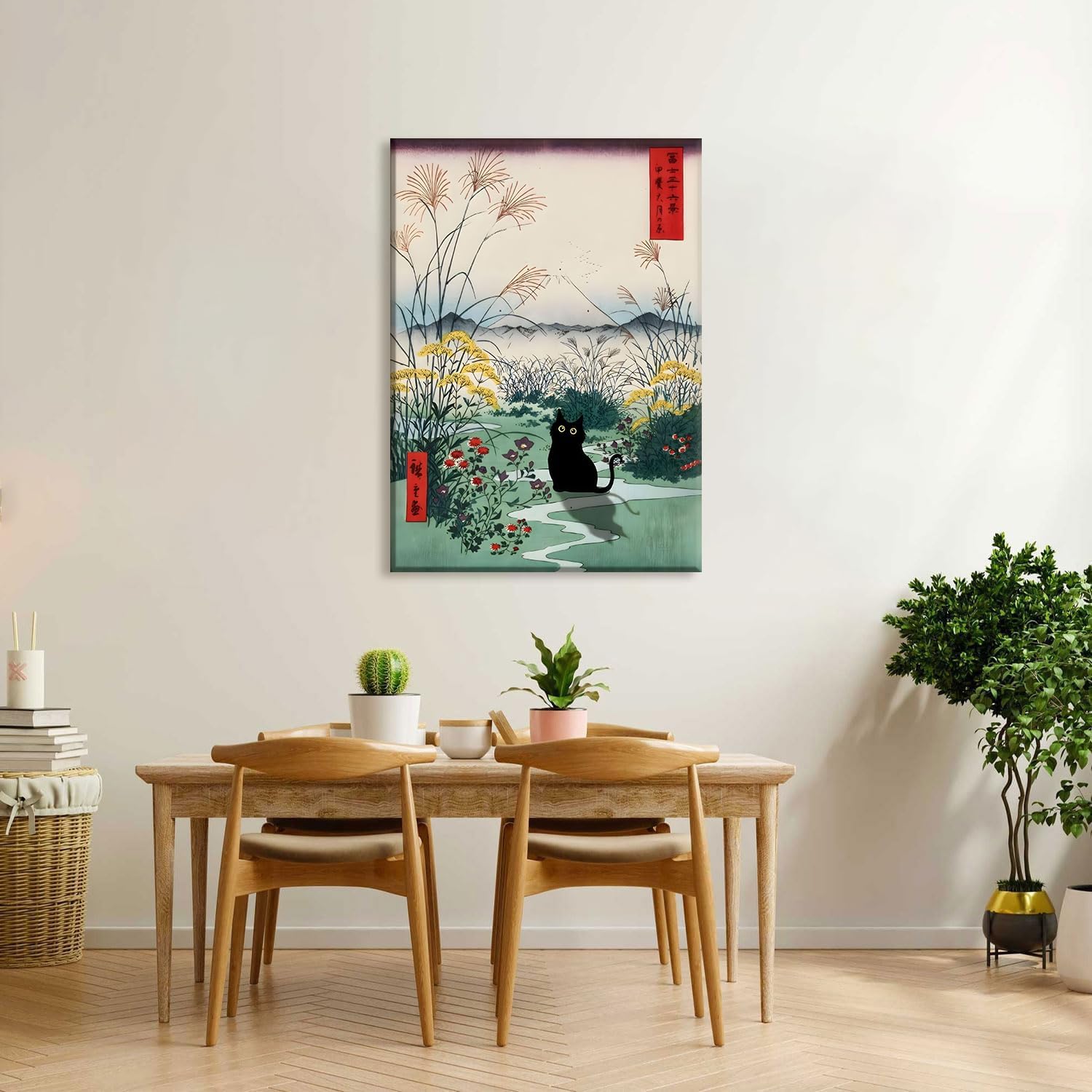Framed Japanese Black Cat Canvas Wall Art Edo Period Mount Fuji Wall Decor Funny Cute Cat Animal Posters Pictures Japanese Ukiyoe Art Aesthetic Minimalism Painting Prints Bathroom Home Artwork