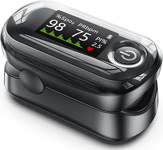 Pulse Oximeter, 4 Color OLED Display Oxygen Monitor Fingertip with 20 × Memory, Blood Oxygen Saturation Monitor (SpO2), Alarm & Brightness Adjustable, Batteries & Lanyard (Black)