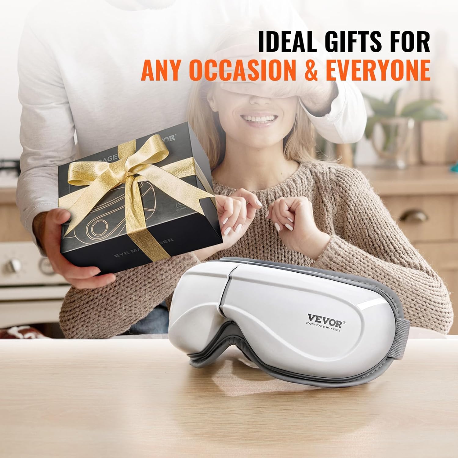 VEVOR Eye Massager with Heat, Heated Eye Massage Mask with 5 Modes and Bluetooth Music, 180° Foldable Eye Care Massager for Migraines, Eye Strain, Dark Circles, Ideal Gift for Mom/Dad, White