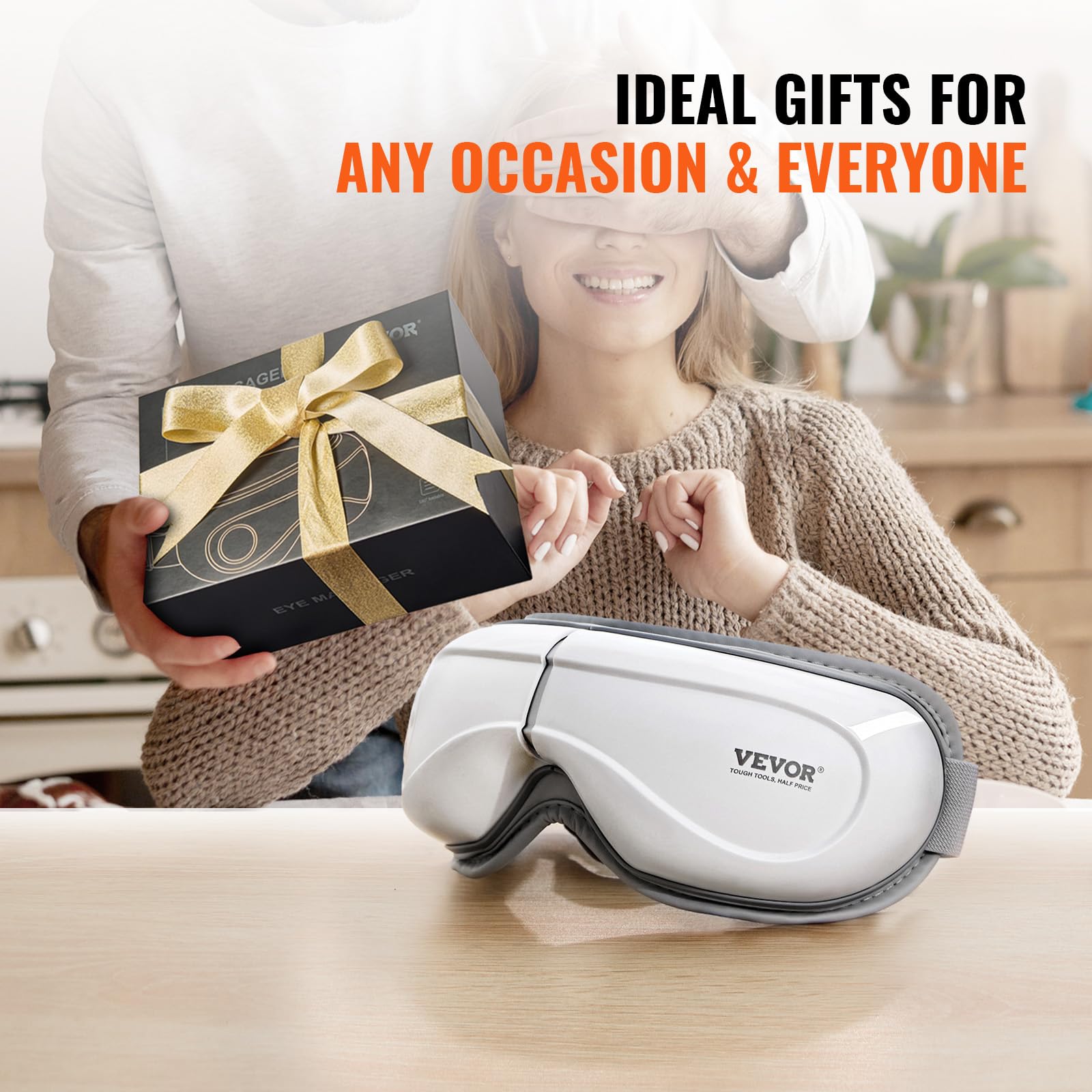 VEVOR Masajeador de Ojos Plegable con Calor y Control Remoto, con 5 Modos y Música Bluetooth, 180° para Fatiga Visual, Ojos Secos, Ojeras, Regalo Ideal para Mamá/Papá, Blanco, 208 x 40 x 99 mm