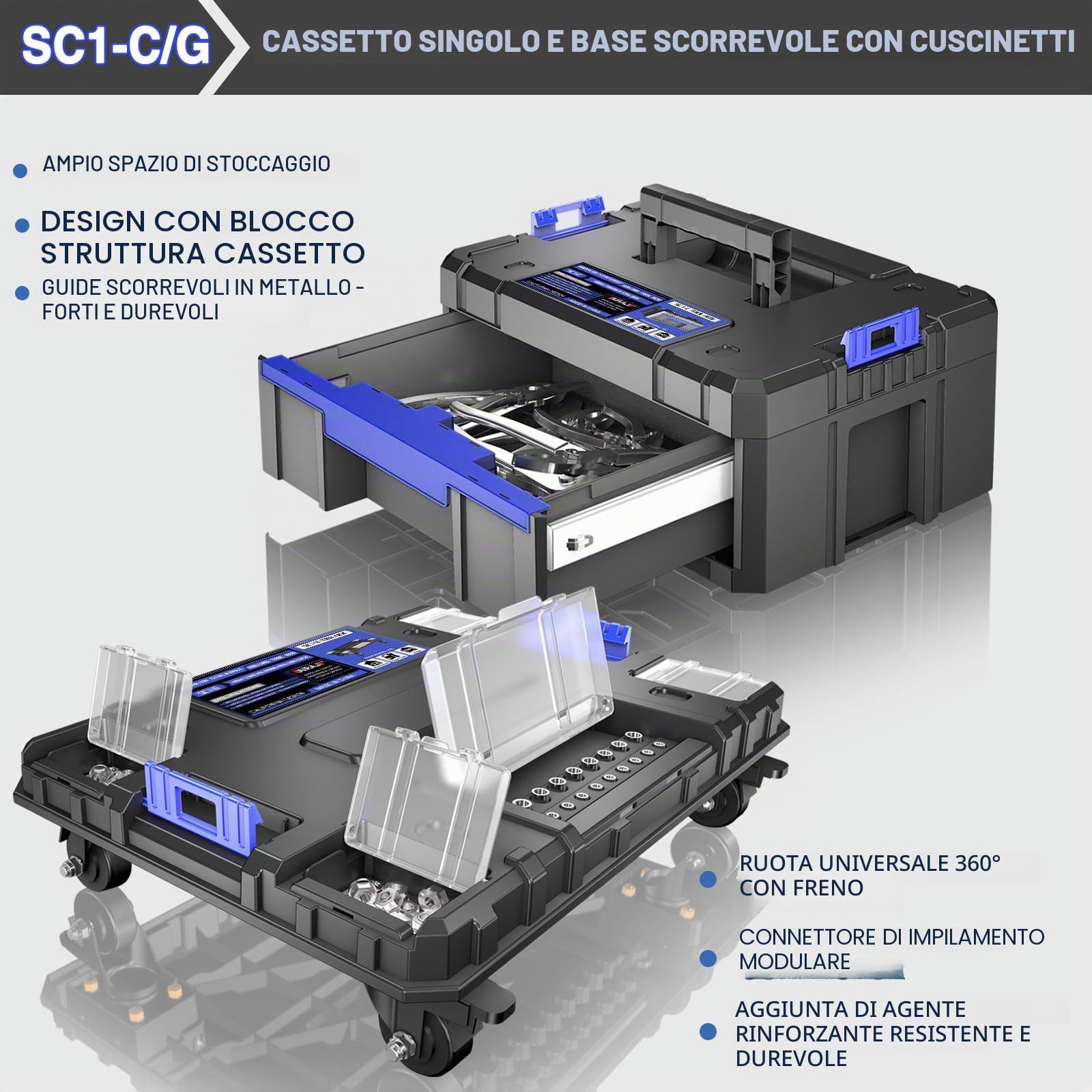 Cassetta Attrezzi con Ruote a Cinque Strati,Cassetta Attrezzi Vuota Modulare Impilabile,Cassetta Porta Attrezzi Portatile con Cassetti,Robusto e Durevole