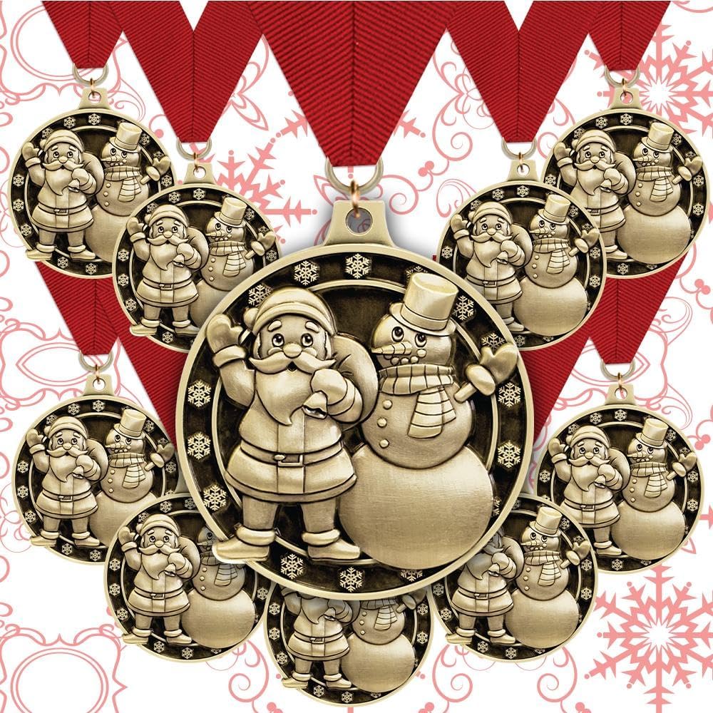 Crown Awards Bulk 2" Gold Santa and Snowman Medal with Red Ribbon Christmas Holidays Award 10 Pack