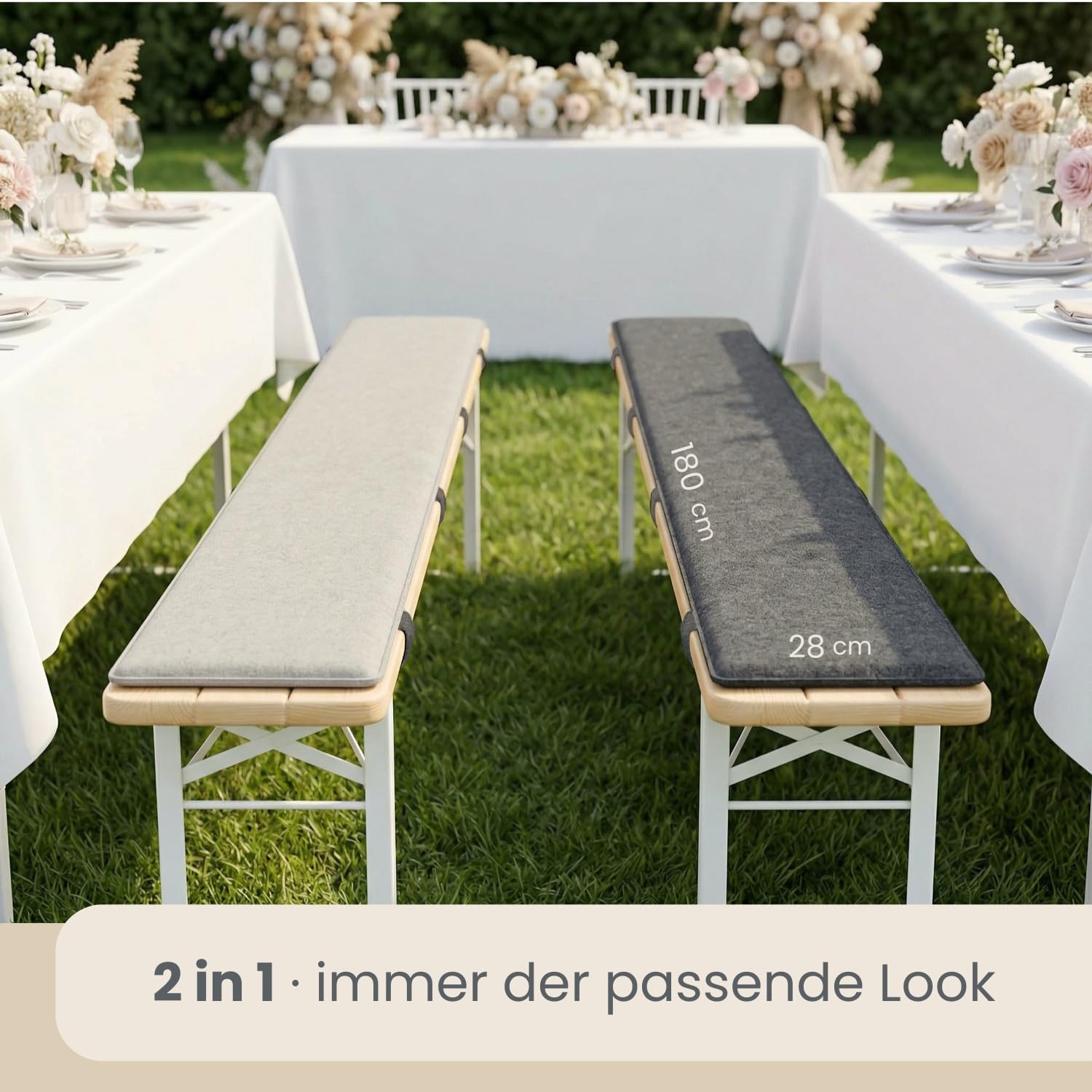 DuneDesign 2er Set Filz Bierbankauflage 180x28cm 2-Farbig Wendbar - Bierbank Polster Set 1cm Dick - Faltbare Sitzauflage für Bierzeltgarnitur - Sitzkissen für Garten Partybank Bierbankkissen Festzelt