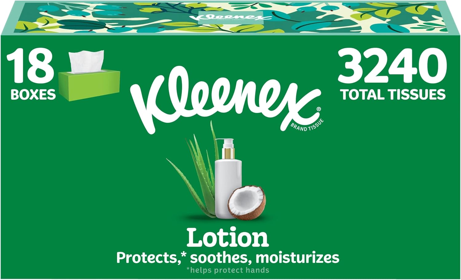 Kleenex Lotion Facial Tissues with Coconut Oil, 18 Flat Boxes, 180 Tissues Per Box, 3-Ply