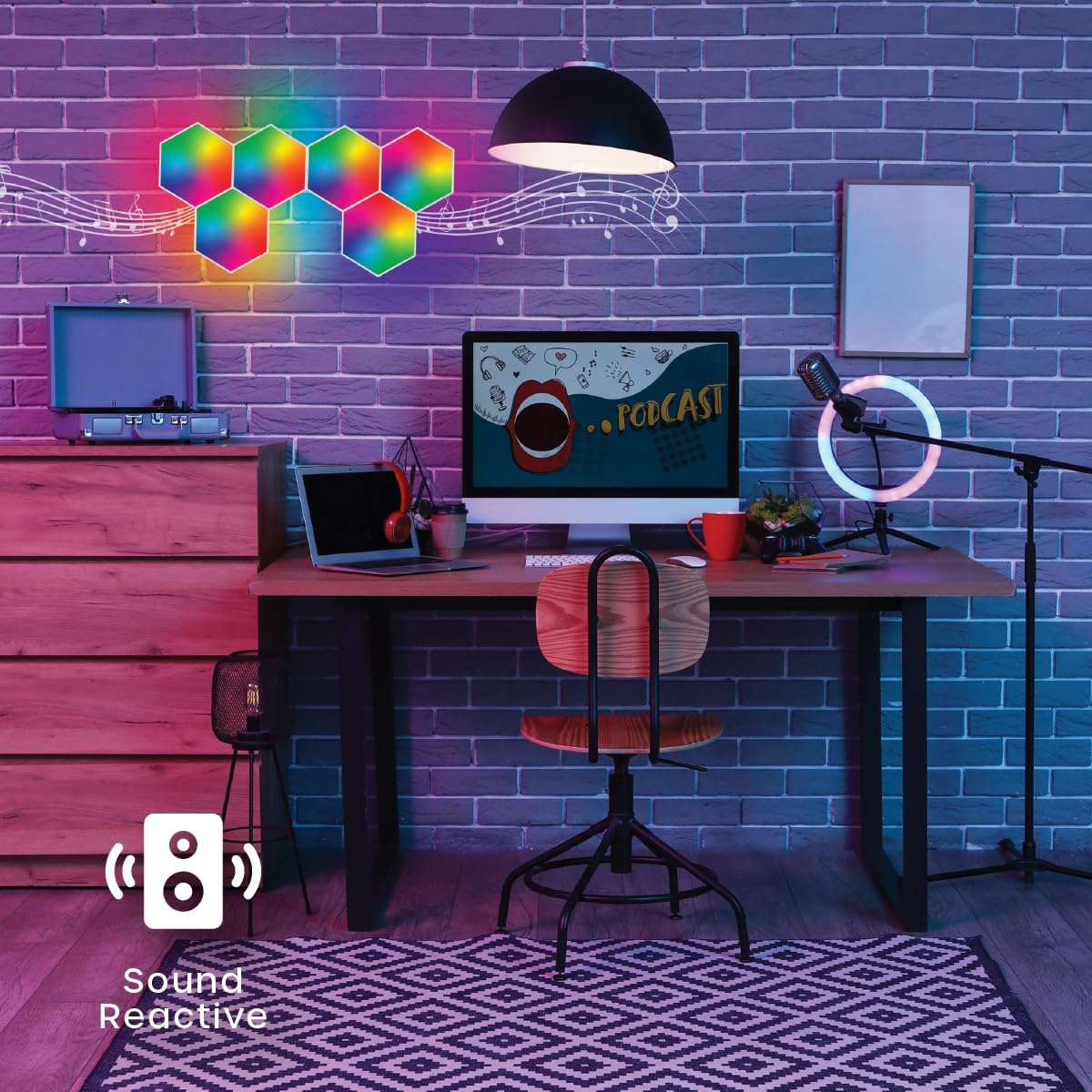InnoVibe Hexagon LED panels reacting to music in a home office setup