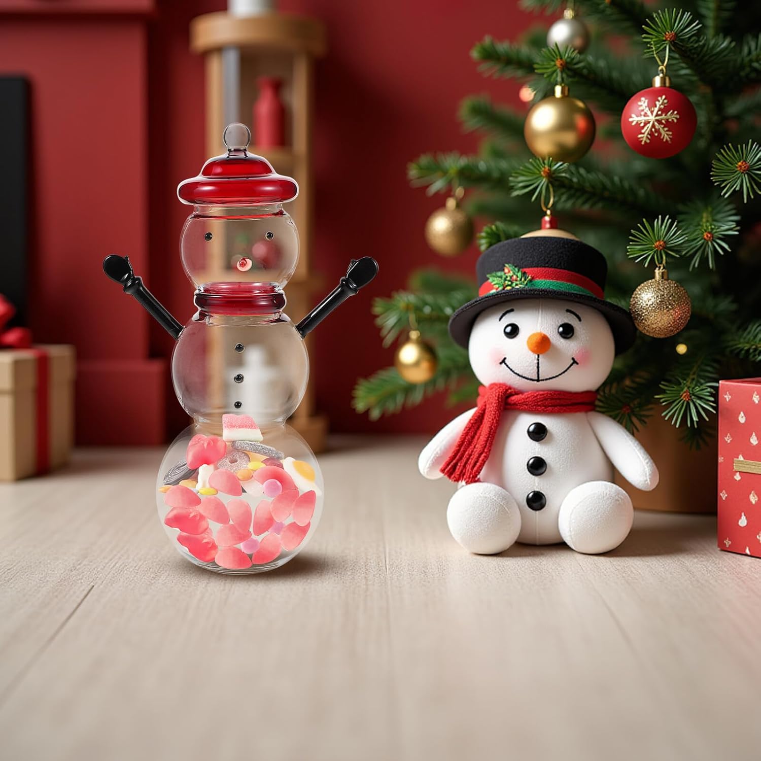 Elegant Snowman Candy Jar with Lid Glass Holiday Storage Container for Sweets Stable Glass Decorative Jar Festive Kitchen Decor for Parties and Home Celebrations
