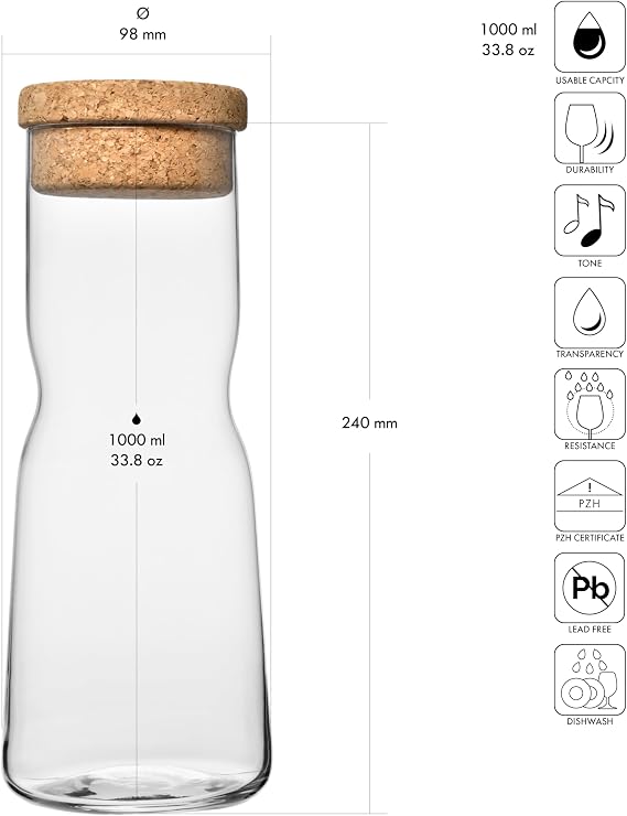 Krosno Glass Water Carafe With Natural Cork Stopper, 33.8 oz, Splendour Collection, Water and Juice, Birthday, Celebration, Party, Restaurant, Everyday Use, Dishwasher Safe, Made in Europe