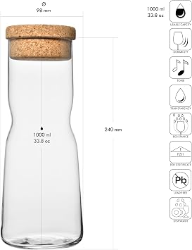 Krosno Glass Water Carafe With Natural Cork Stopper, 33.8 oz, Splendour Collection, Water and Juice, Birthday, Celebration, Party, Restaurant, Everyday Use, Dishwasher Safe, Made in Europe