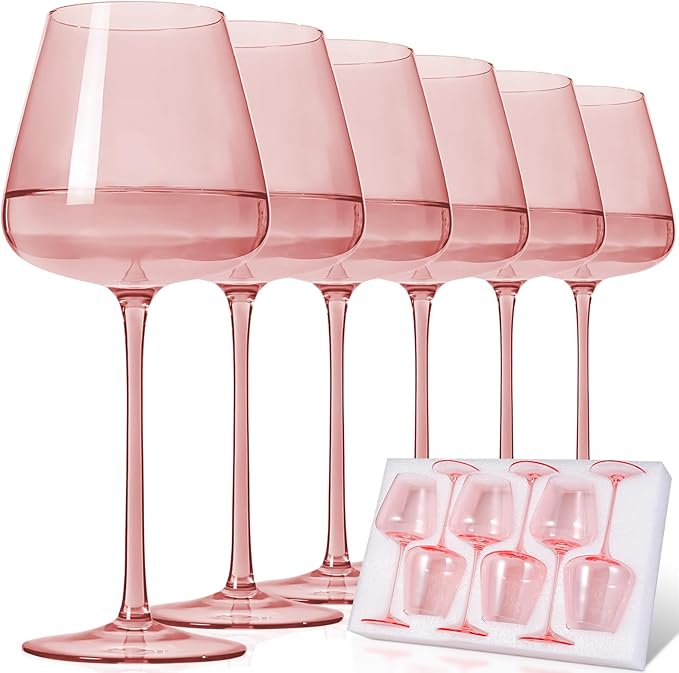 Pink Wine Glasses Set of 6, Hand Blown Large Colored Wine Glass 18Oz, Lead-Free Premium Crystal Long Stem Red Wine Glass, Daily Use, Wedding Anniversary or Mother's Day gift