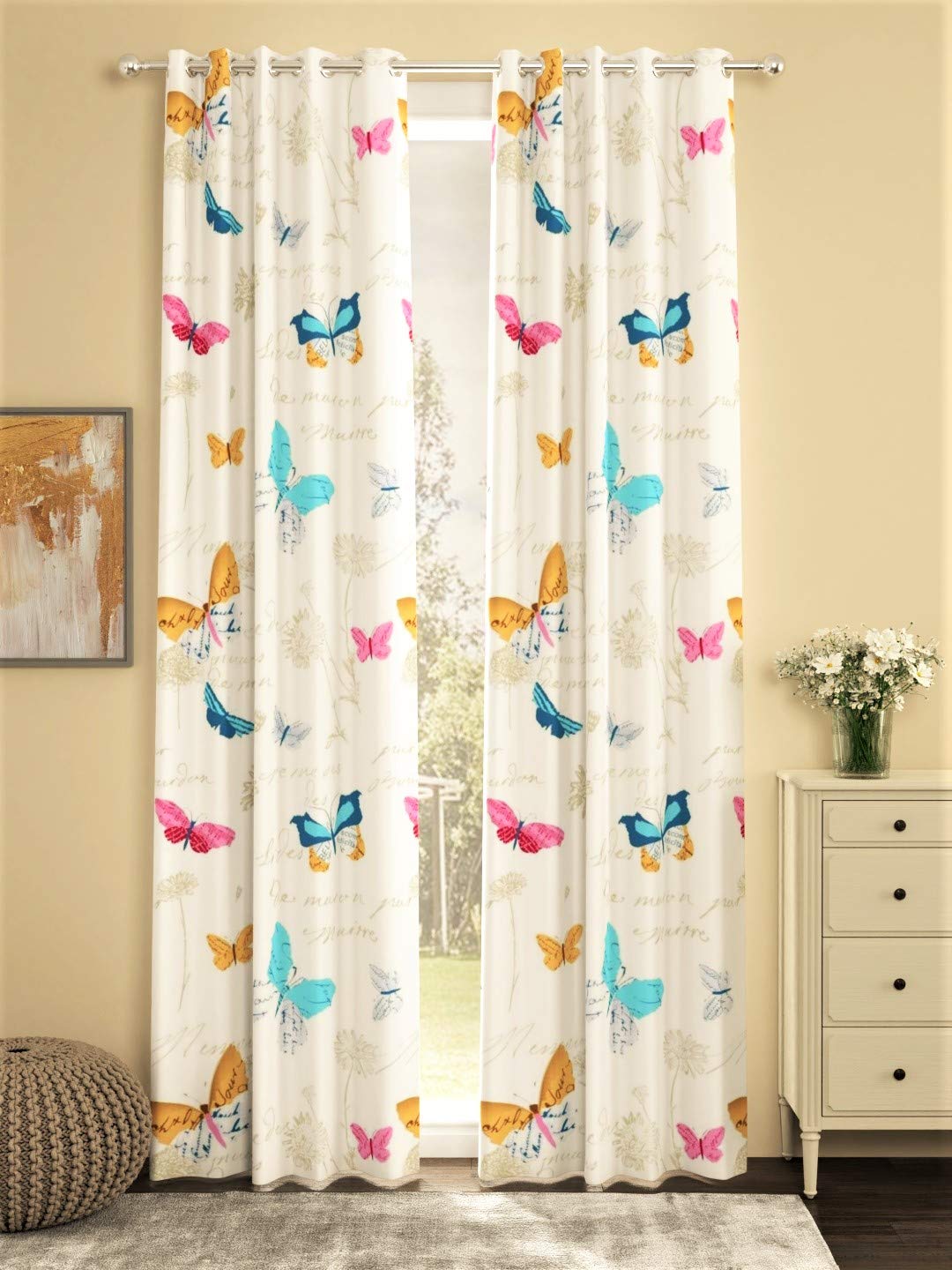 Urban Space Cotton Curtains for Door 7 feet, Set of 2 Decorative Curtains with Eyelets and tieback, 60-65% Room Darkening Decorative Curtains (Butterfly, Door 7 feet) | Solid