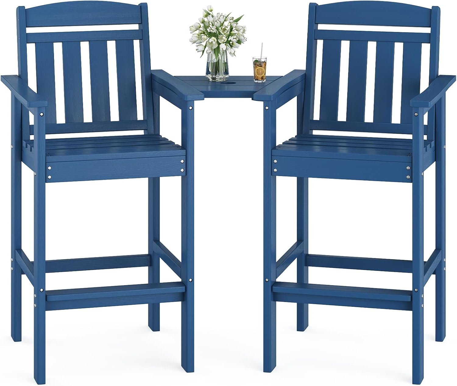 Soohow Tall Adirondack Chairs Set of 2, HDPE Adirondack Bar Stools with Connecting Tray, Bar Height Adirondack Chair Patio Barstool, Ideal All Weather Tall Patio Chair for Balcony, Poolside, Backyard