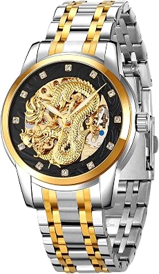 Gosasa Luxury Automatic Mechanical Gold Dragon Watch Mens Chinese Style Watches Stainless Steel Waterproof Watch