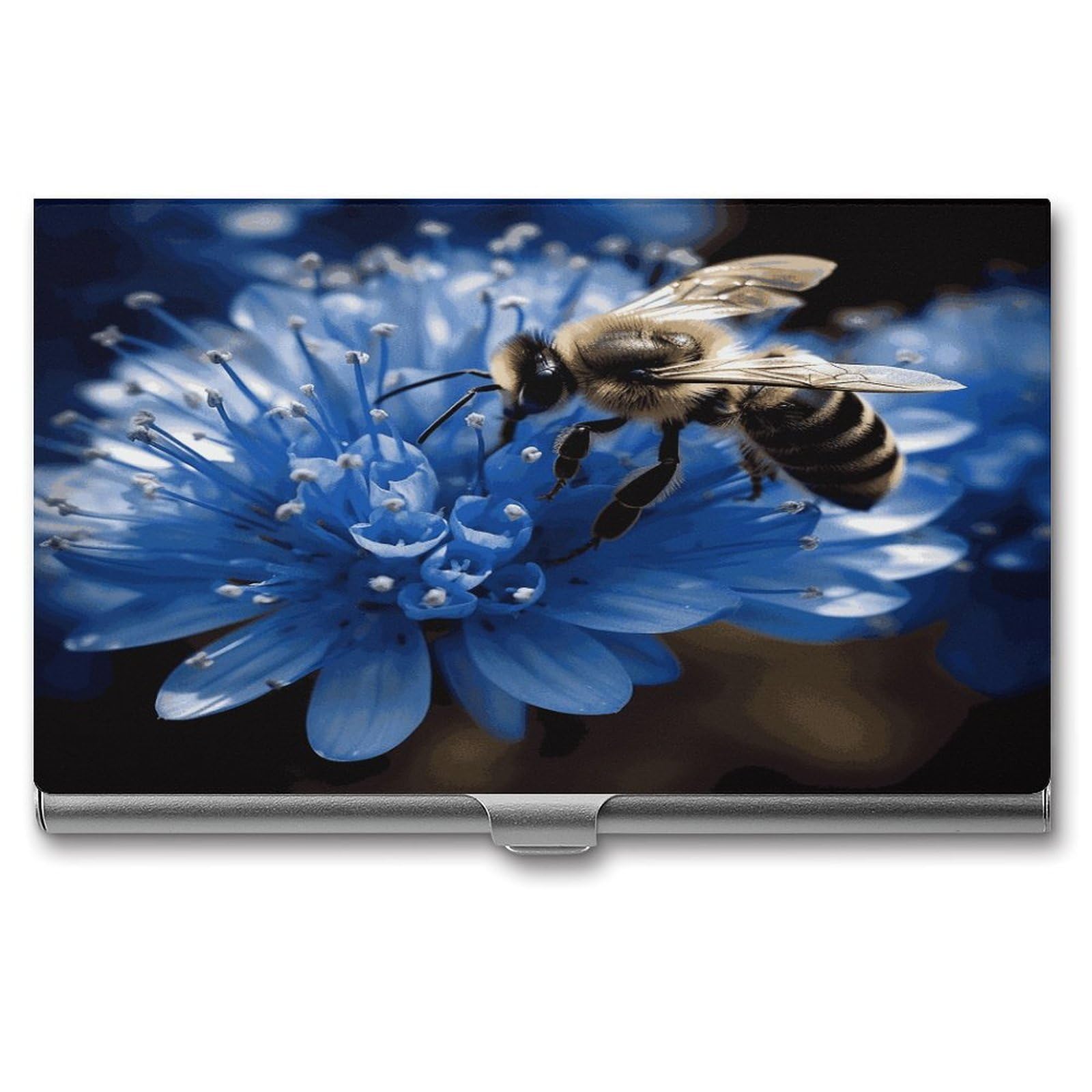 JTREHY Blue Flower Bee Business Card Case Convenient to Carry Business Card Dispenser Durable Not Prone to Wear And Tear Business Card Holder for Men & Women