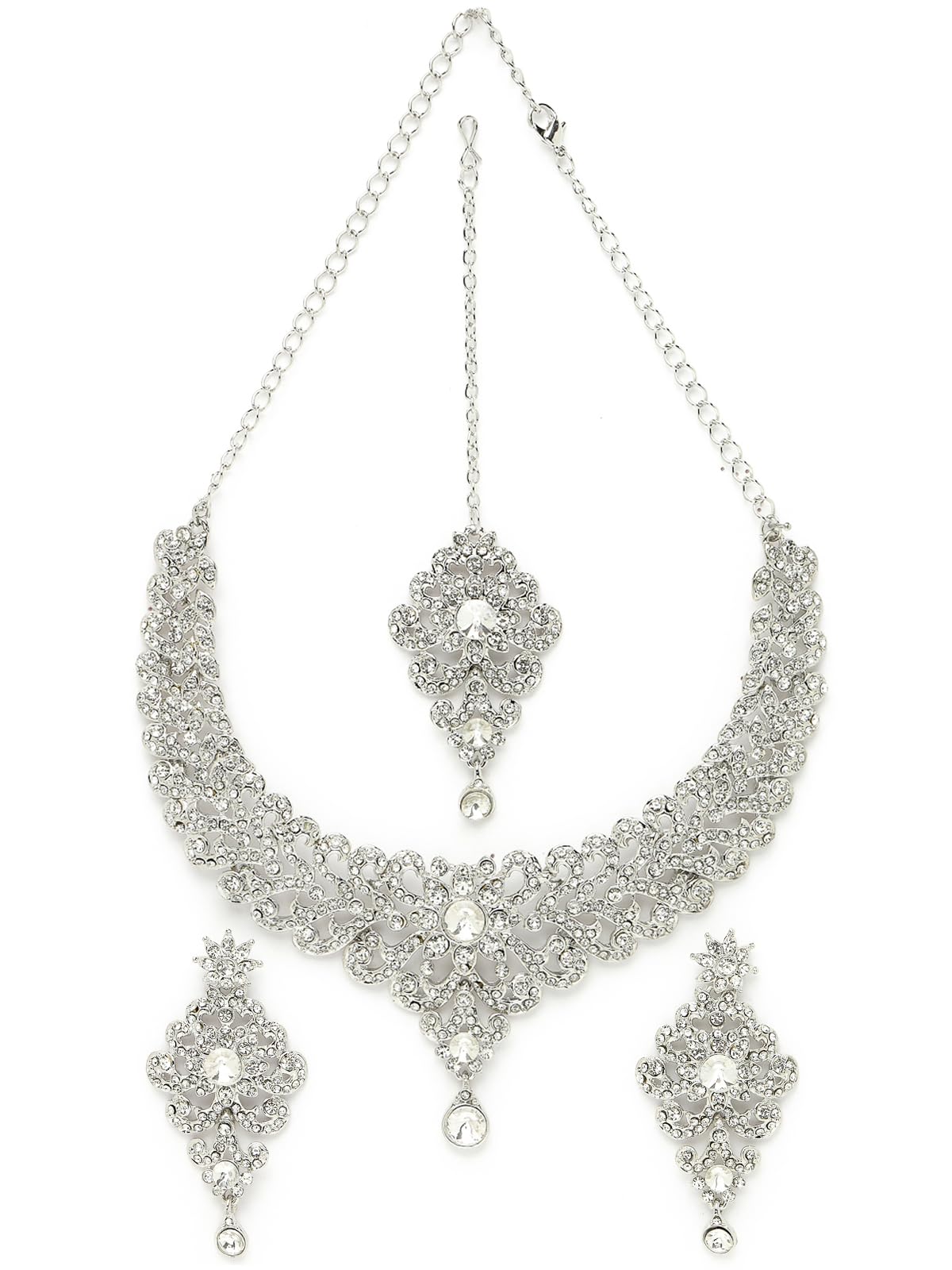 SukkhiAwesome Rhodium Plated Silver AD White Stones Collar Bone Necklace Set With Earring And Maangtika | Jewellery Set For Women (NS105572)