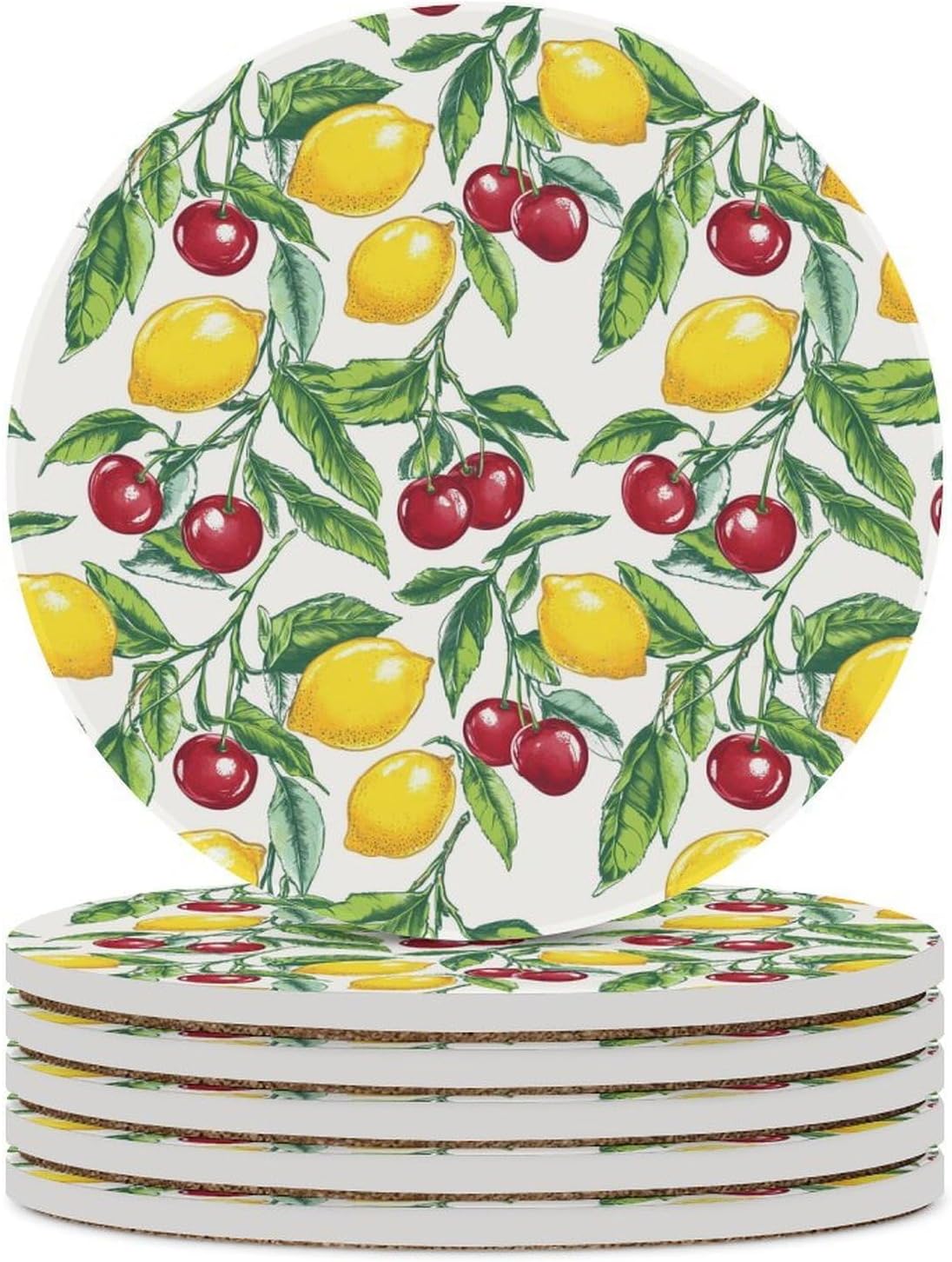 Cherry and Lemon Round Ceramic Coasters Print Drinks Absorbent with Cork Base for Home Decor Gifts 4 Inch