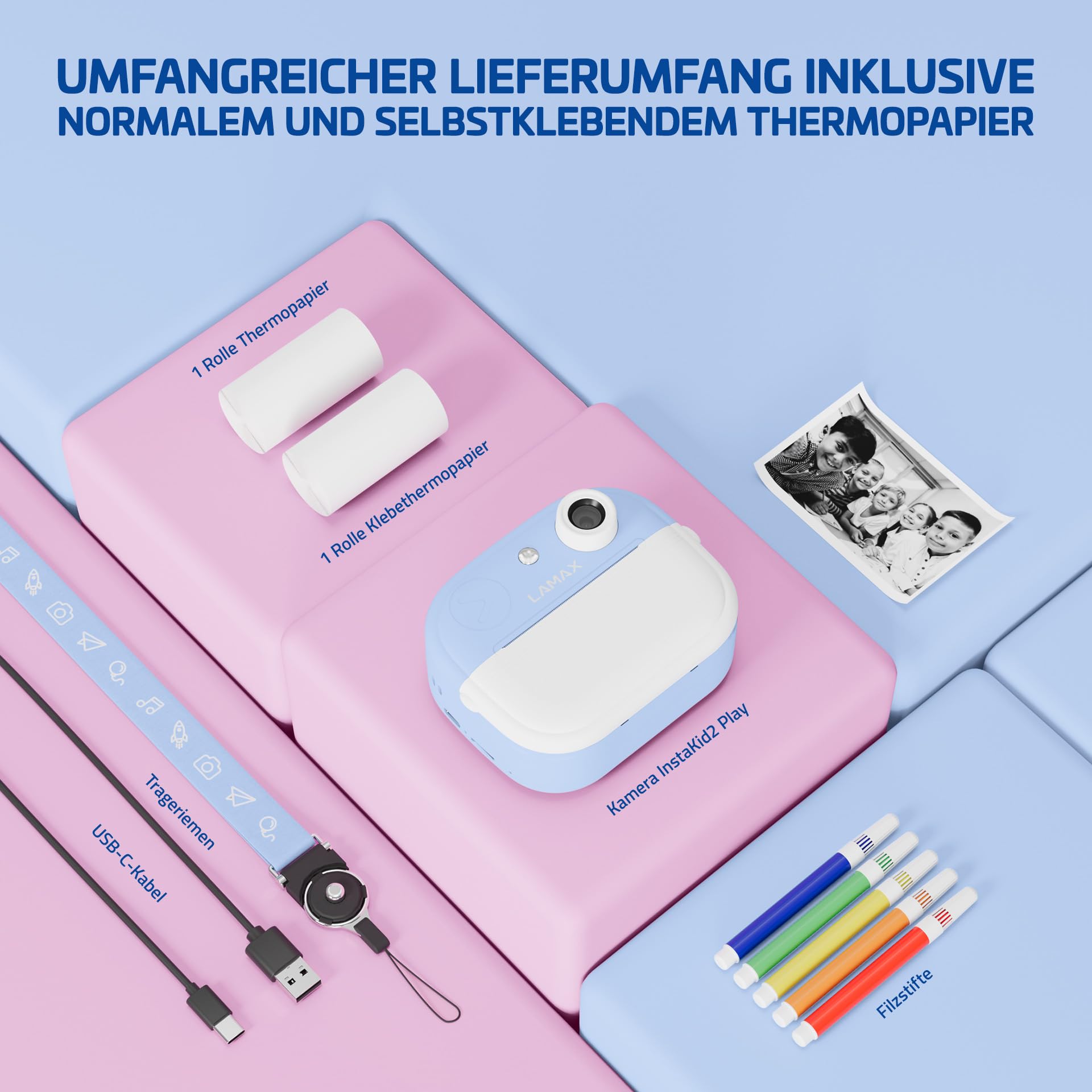 LAMAX InstaKid2 Play Blue Kinderkamera Digitalkamera mit Thermodruck ohne Tinte USB-C 2 Rolle Thermopapier