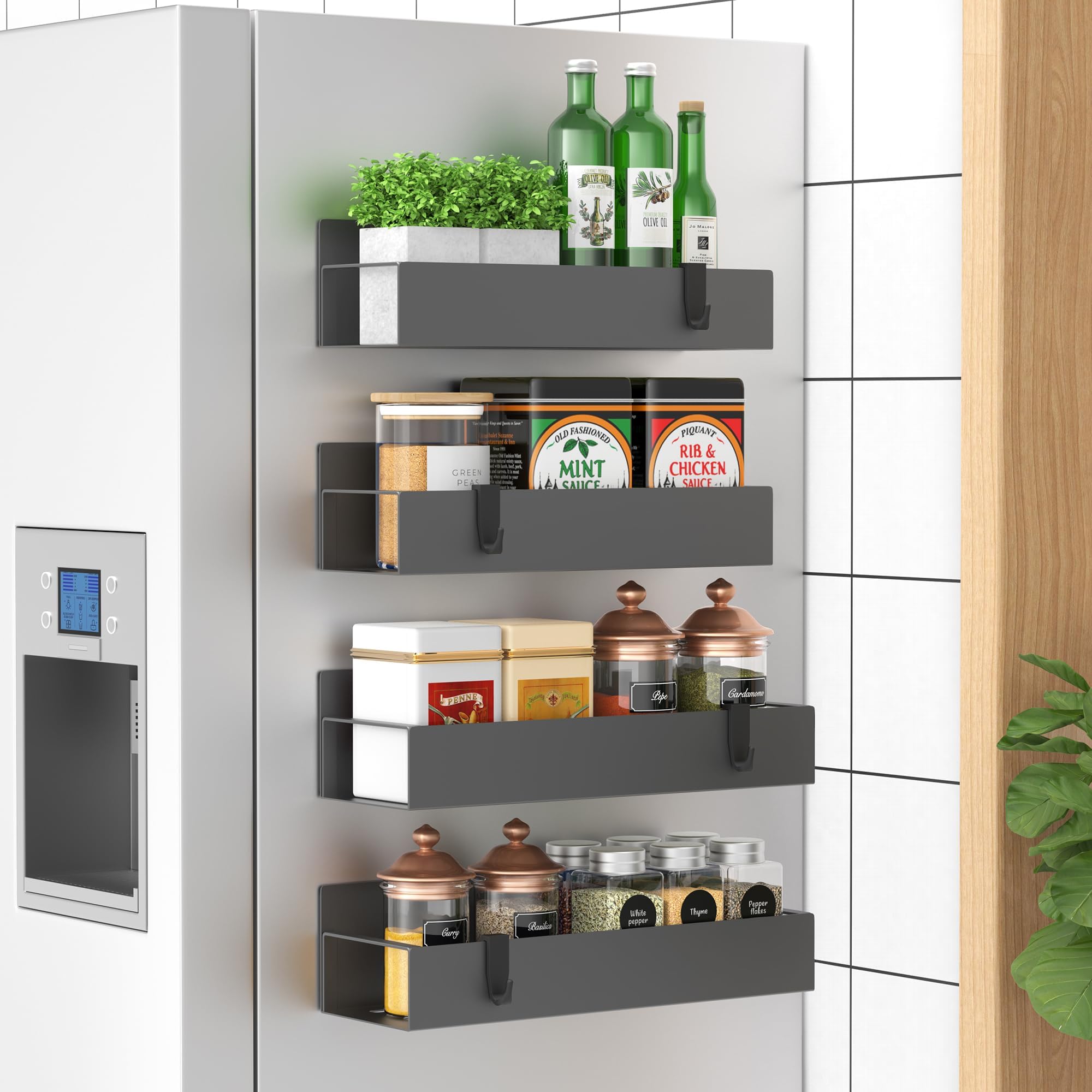 4 Pack Magnetic Spice Storage Rack Organizer for Refrigerator and Oven, Dark Gray Fridge Organizers and Storage
