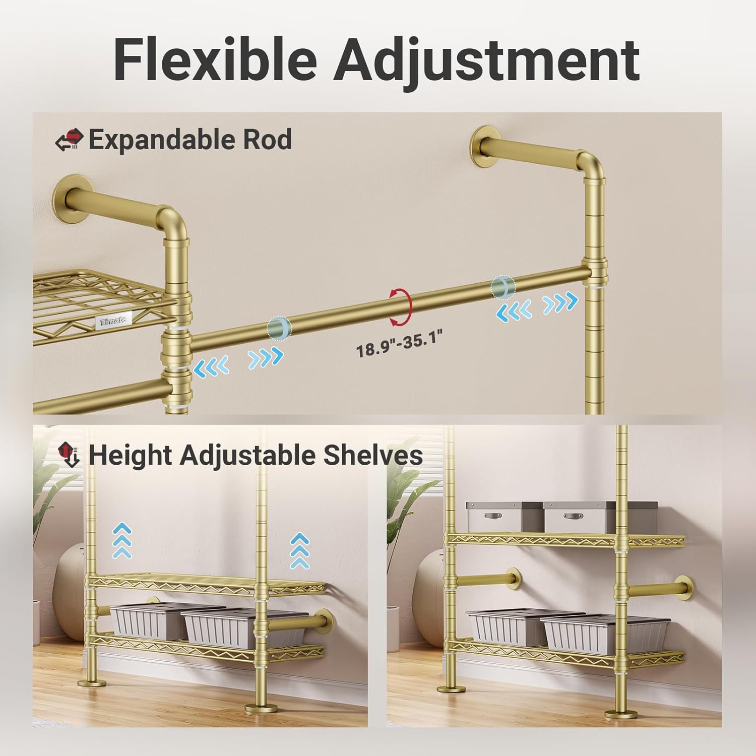 Timate U3 U Shape Garment Rack Heavy Duty Clothes Rack for Hanging Clothes, Expandable Industrial Pipe Clothing Racks Wall Mounted Closets L Shaped Closets Wardrobe Closet System Large Closet Kit Gold