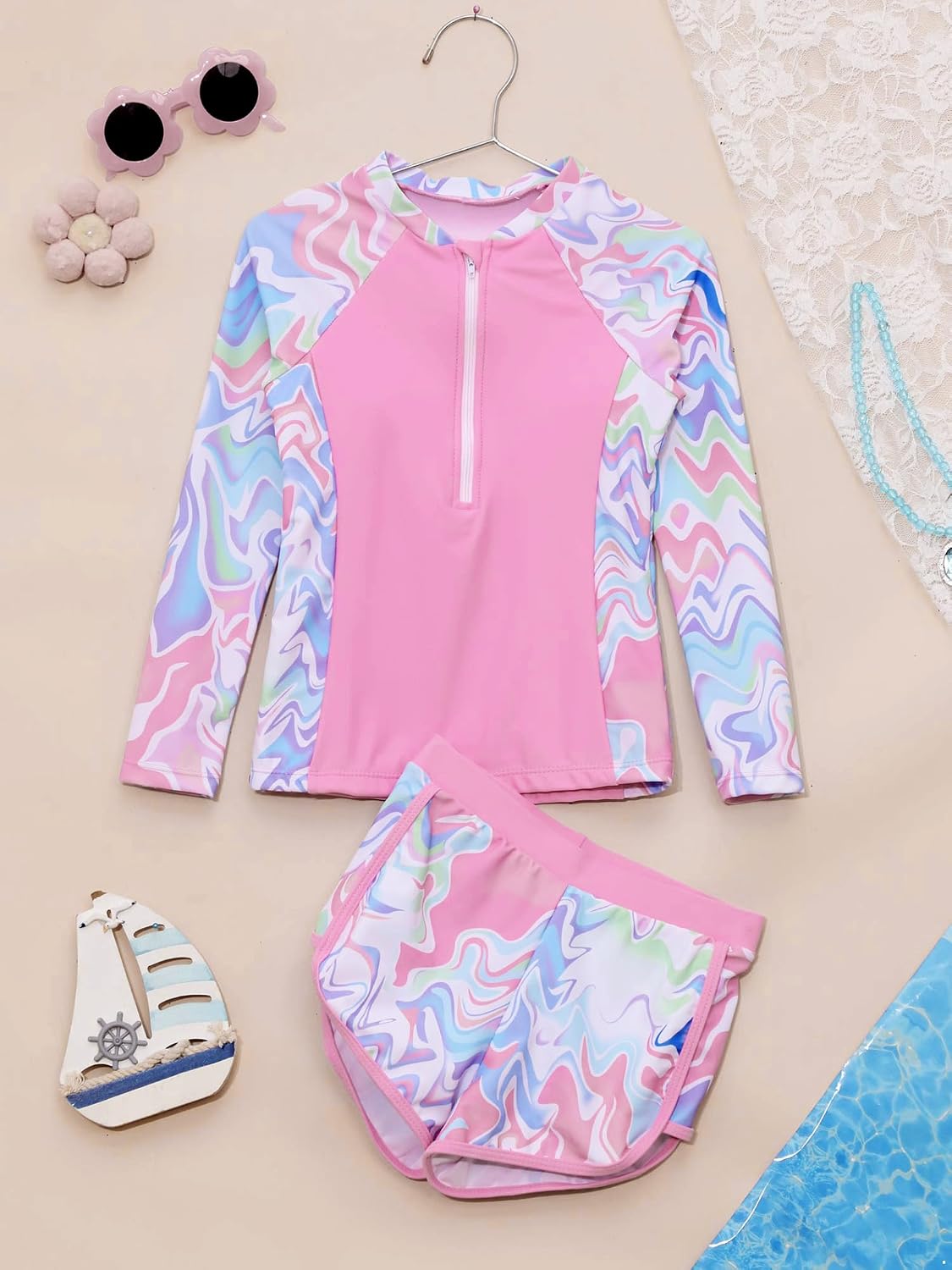 Big Girls UPF 50+ Rash Guard Sets Floral Zip Neck Swim Shirts with Swim Shorts Beach Tankini