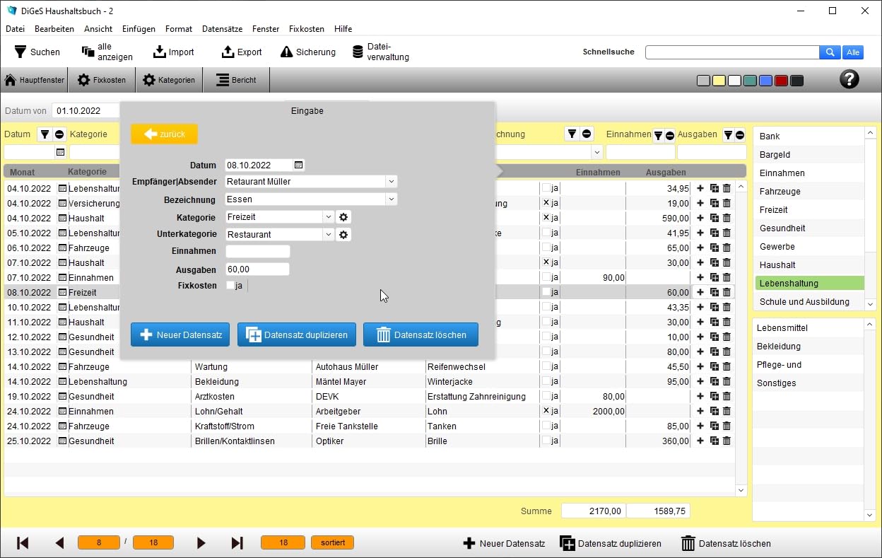 DIGeS Haushaltsbuch Software, Einnahmen- und Ausgabenverwaltung, für Windows 8/10/11, mit Import- und Exportfunktion