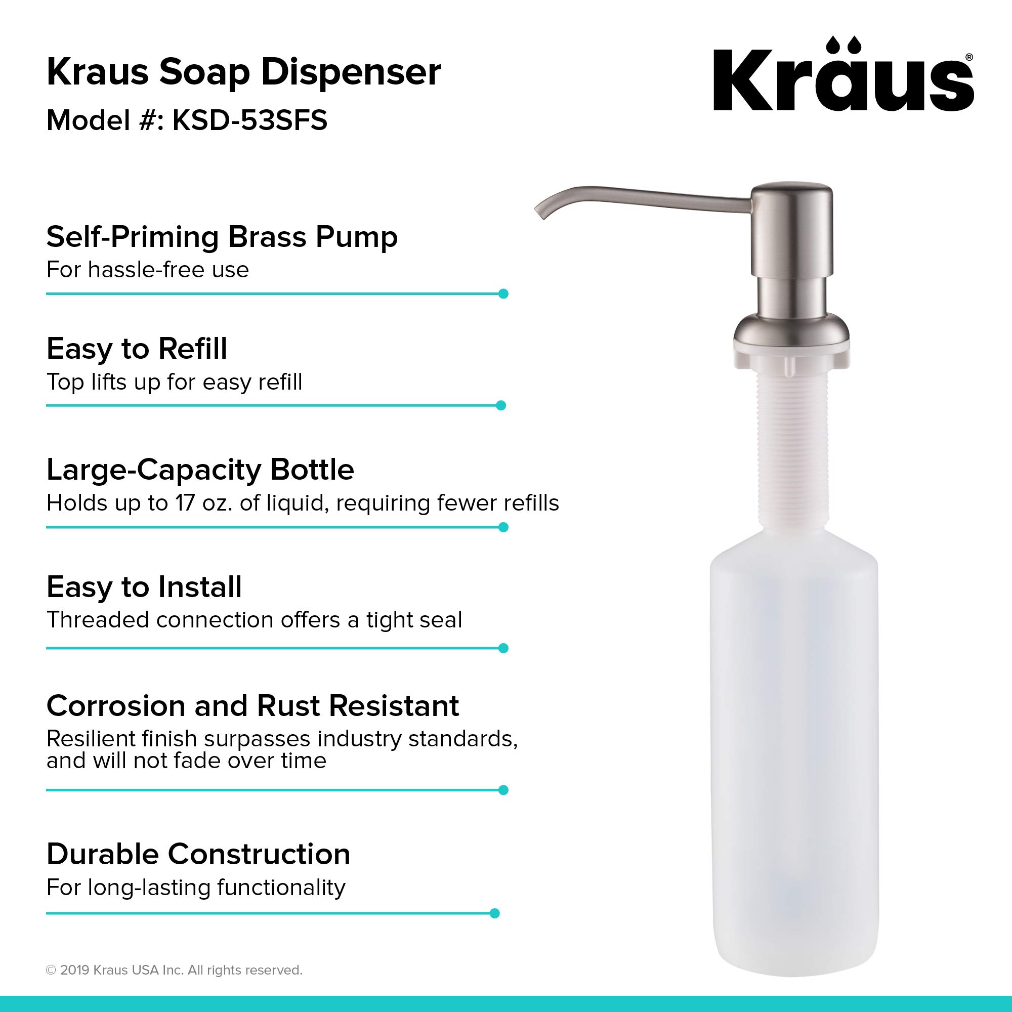KRAUS Boden KSD-53SFS - Dispenser per sapone e lozioni da cucina, in acciaio INOX senza macchie