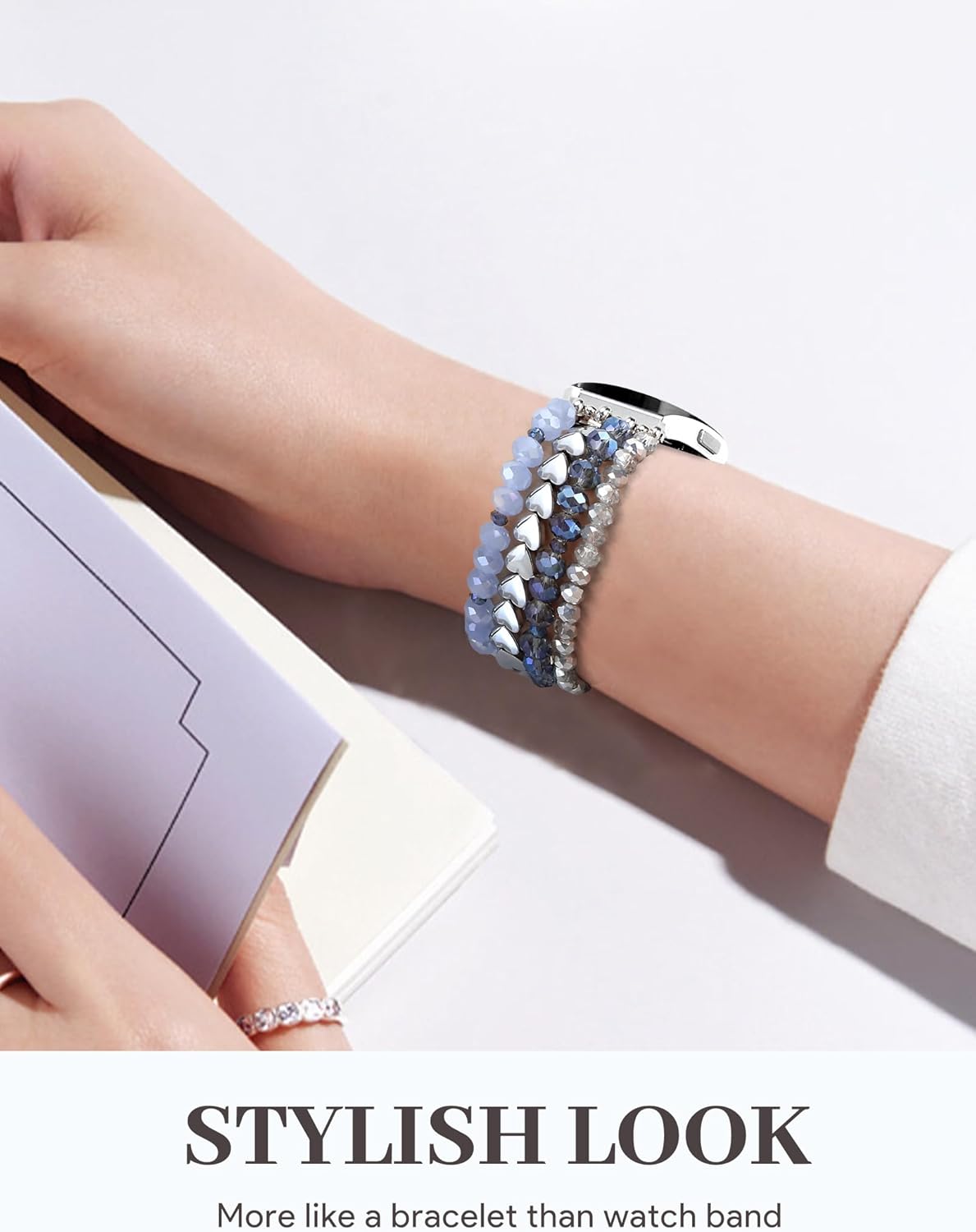 JR.DM Beaded Bracelet Compatible with Samsung Galaxy Watch 7/6/5/4/Active 2 40mm 44mm/Watch 6 Classic 43mm 47mm/Watch 5 Pro 45mm/Watch 4 Classic 42mm 46mm, Dressy Elastic Handmade 20mm Strap for Women - Image 6