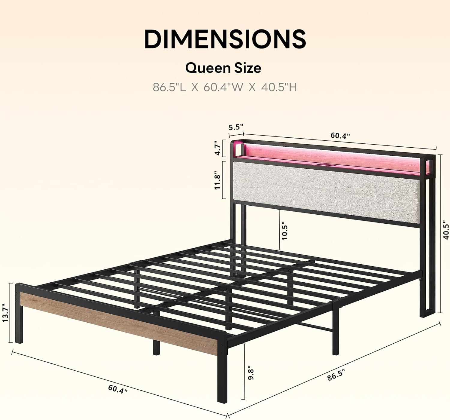 Detailed dimensions of the Queen size bed frame, showing length, width, and height measurements.