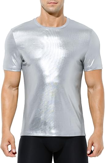Arjen Kroos Mens Sexy Shiny Metallic T-Shirts Short Sleeve Sparkly Shirts Disco Holographic Tops
