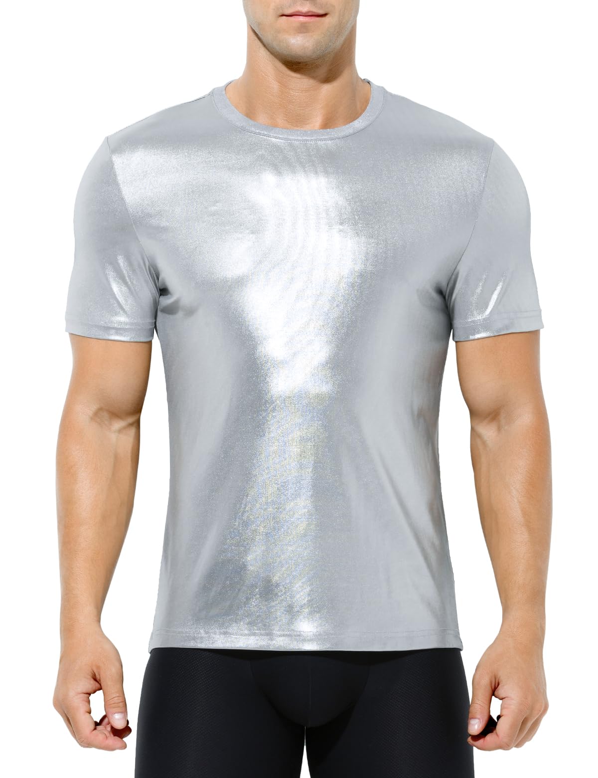 Arjen Kroos Men's Sexy Shiny Metallic T-Shirts Short Sleeve Sparkly Shirts Disco Holographic Tops