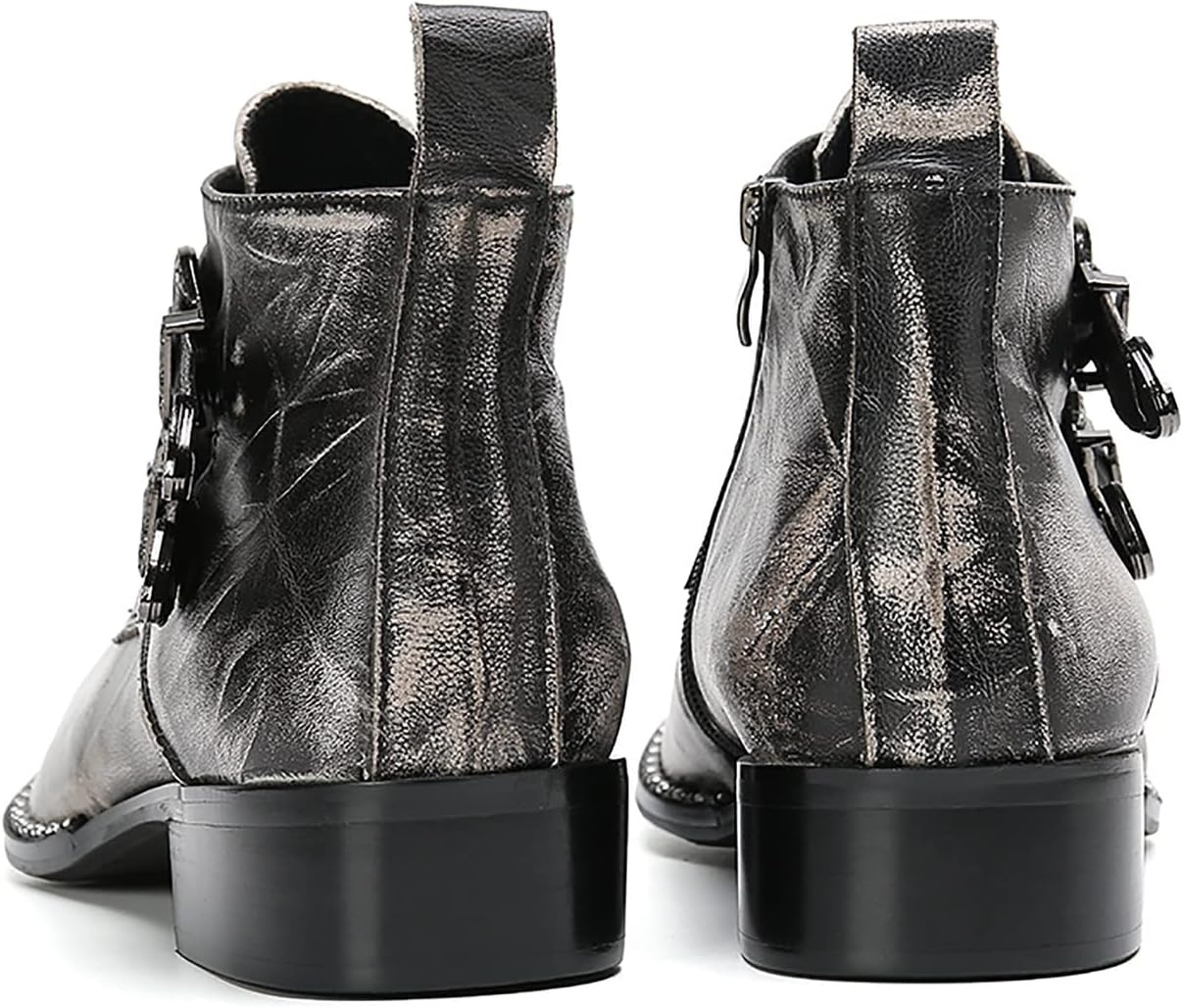 Santimon Mens Chelsea Boots Casual Dress Ankle Boots Handmade Genuine Leather Metal Square Toe Cowboy Boots Zipper Belt Buckle Prom Wedding Party Disco Singer Western Boots for Men