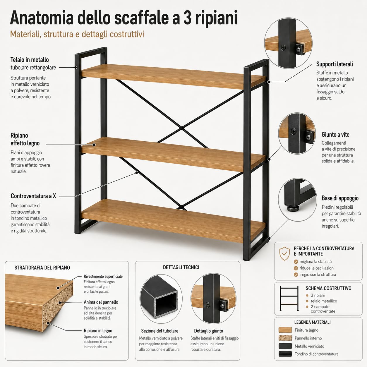 MAKA Scaffale con Struttura in Metallo Soggiorno, Libreria Bassa con 3 Ripiani in Legno, Scaffalatura Bassa Moderna per Bagno, Cucina, Camera da Letto, Facile da Montare, 80x33x66 cm (3 Ripiani)
