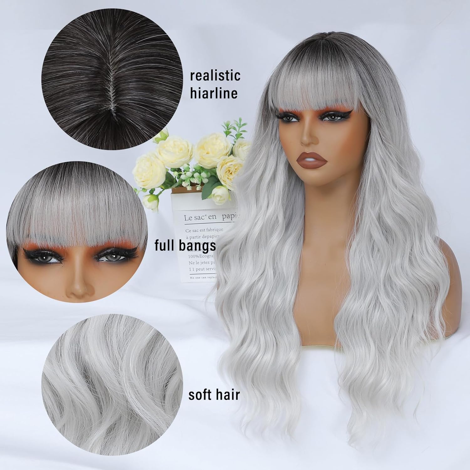 Gray Wig with Bangs for Women 26 Inch Long Wavy Silver Wigs Synthetic Heat Resistant Wig for Daily Party Use