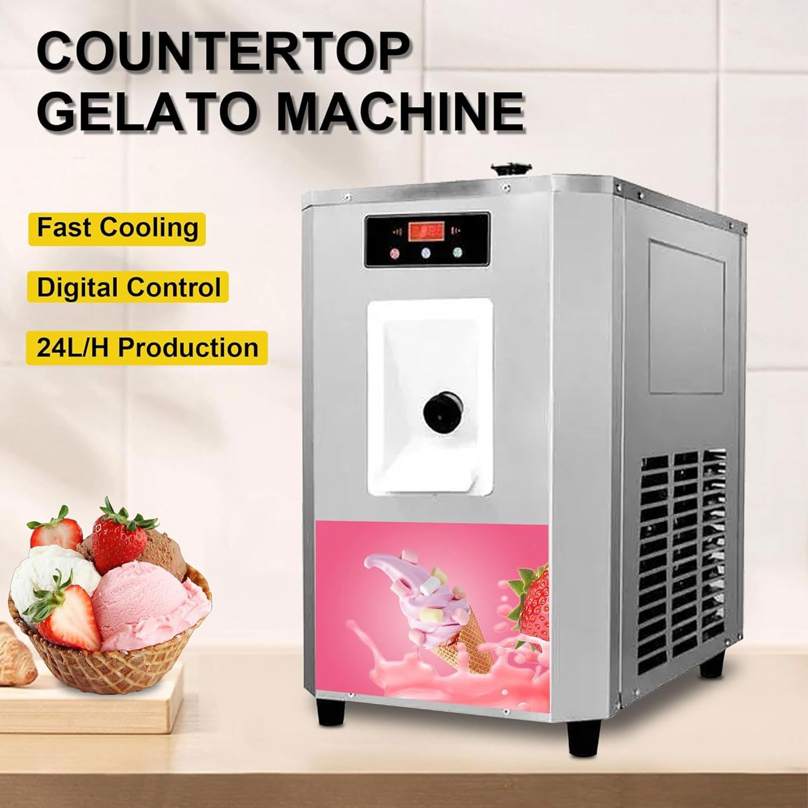 Gelatiera Commerciale Da 24 L/h, Macchina Per Gelato Paghetti Da 1350 W Con Capacità Di 7 L, Controllo Con Display Digitale, Raffreddamento Rapido, Per Ristoranti, Snack Bar, Supermercati, Food Truck