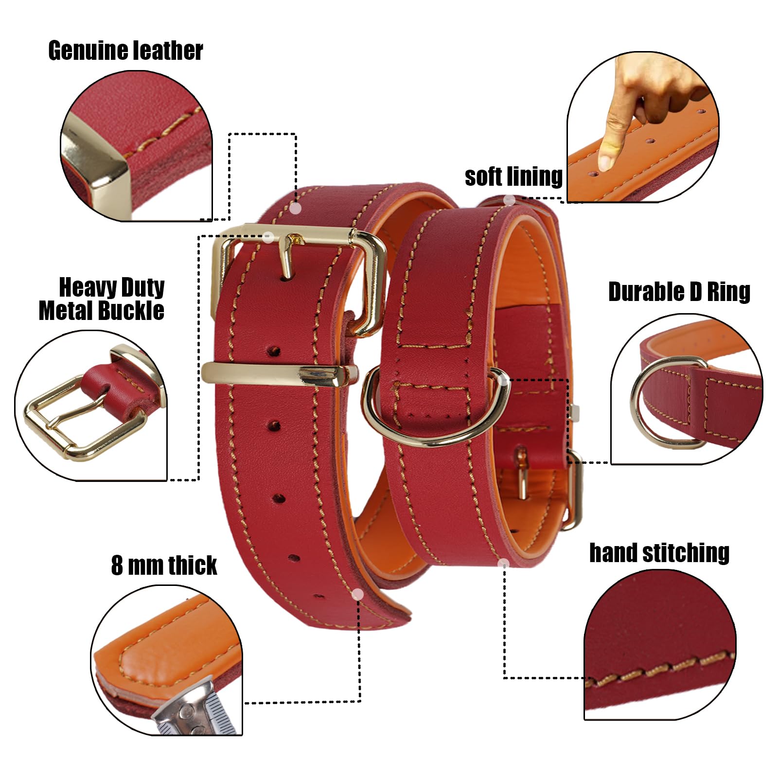 Collier pour Chien en Cuir, Véritable Robuste Réglable Rrembourré, pour Chiens de Taille Moyenne, Grande et Très Grande（Rouge L