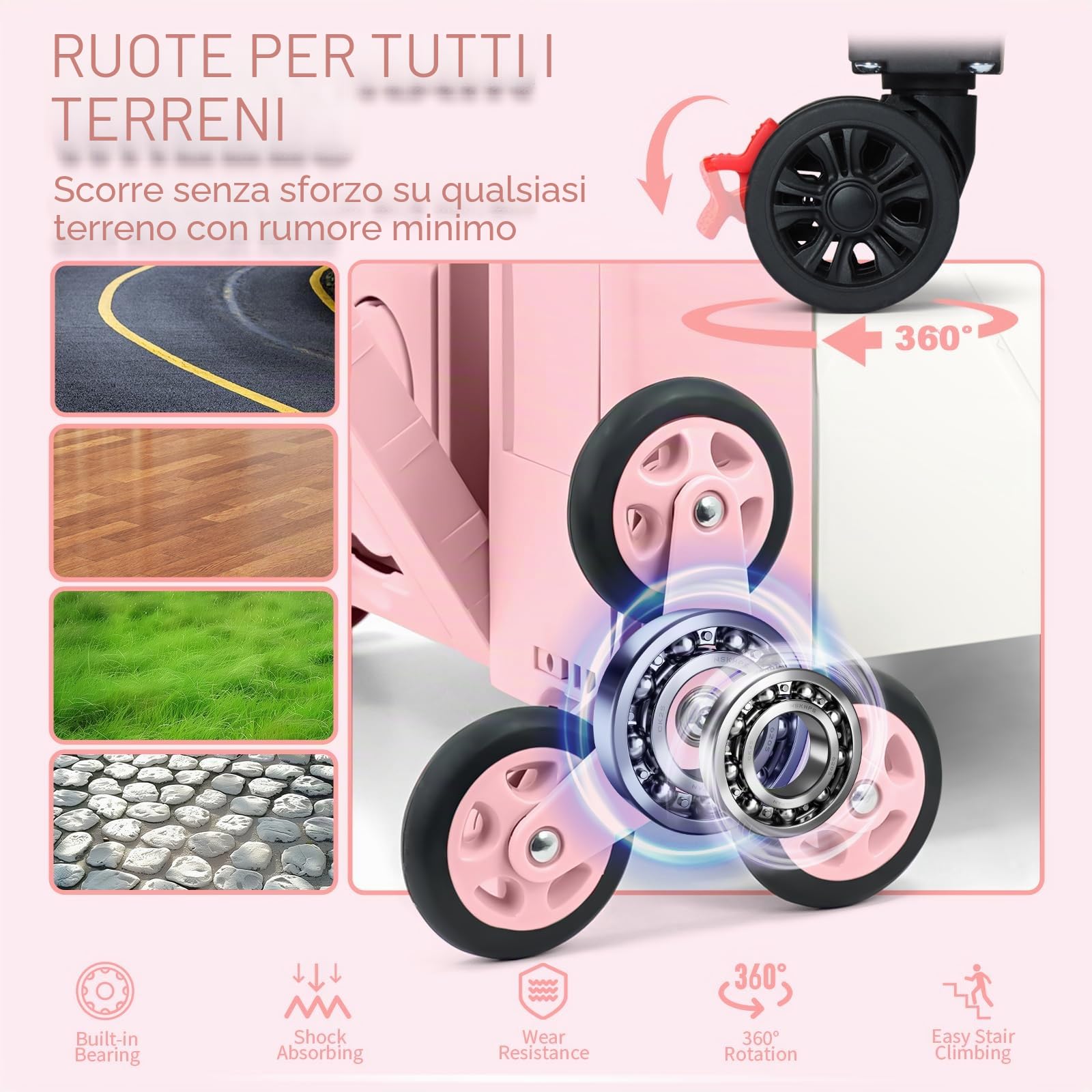 LexonElec x SELORSS Carrello della Spesa Pieghevole con Ruote Saliscale, Manico Telescopico Regolabile in Alluminio e Coperchio, Scatola Utile Pieghevole, Carrello Portatile, 90KG/76L - Rosa Bianco