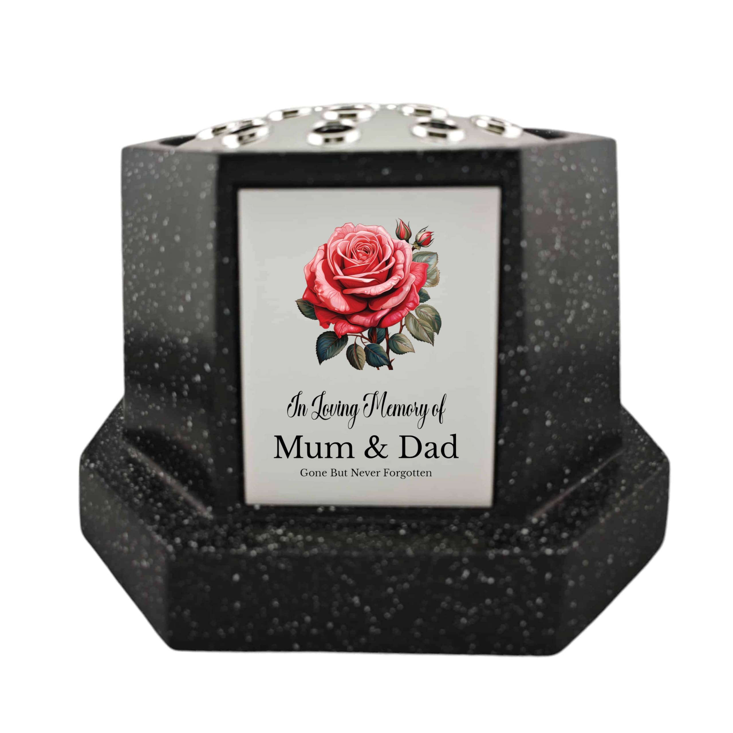 1Stclassgifts Black In Loving Memory Of Memorial Octagon Rose Bowl Grave Marker Flower Pot Vase With Rose Design Mum Dad & Lots More /Silver (Uv Printed) (Mum & Dad)