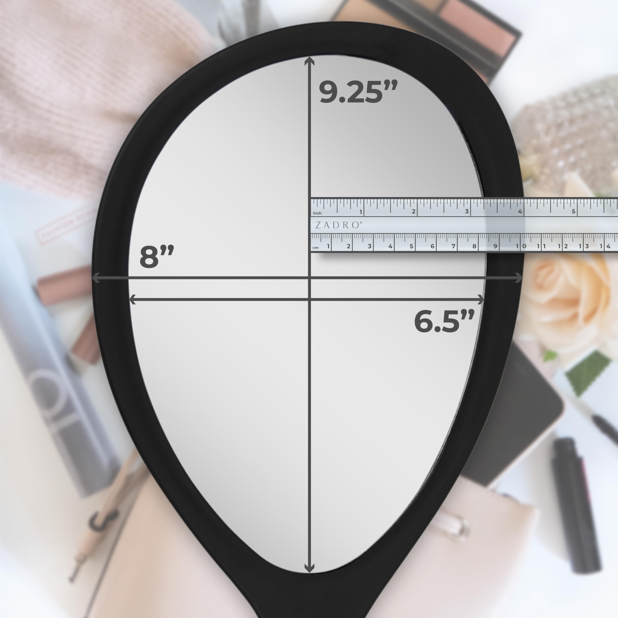 Zadro Teardrop Oval Handheld Glass Mirror with Curved Handle