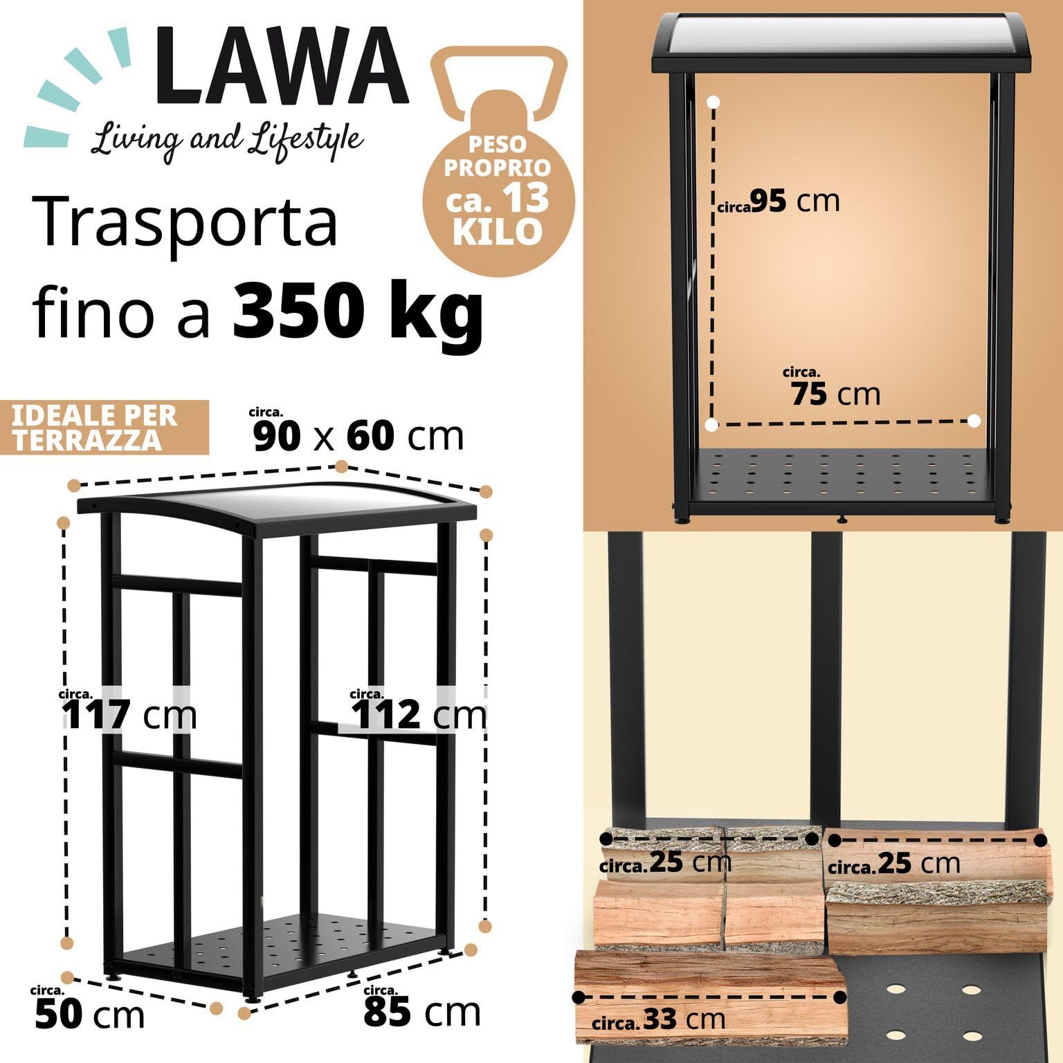 LAWA Portalegna da Esterno con Tetto 91x56x117cm Metallo Nero