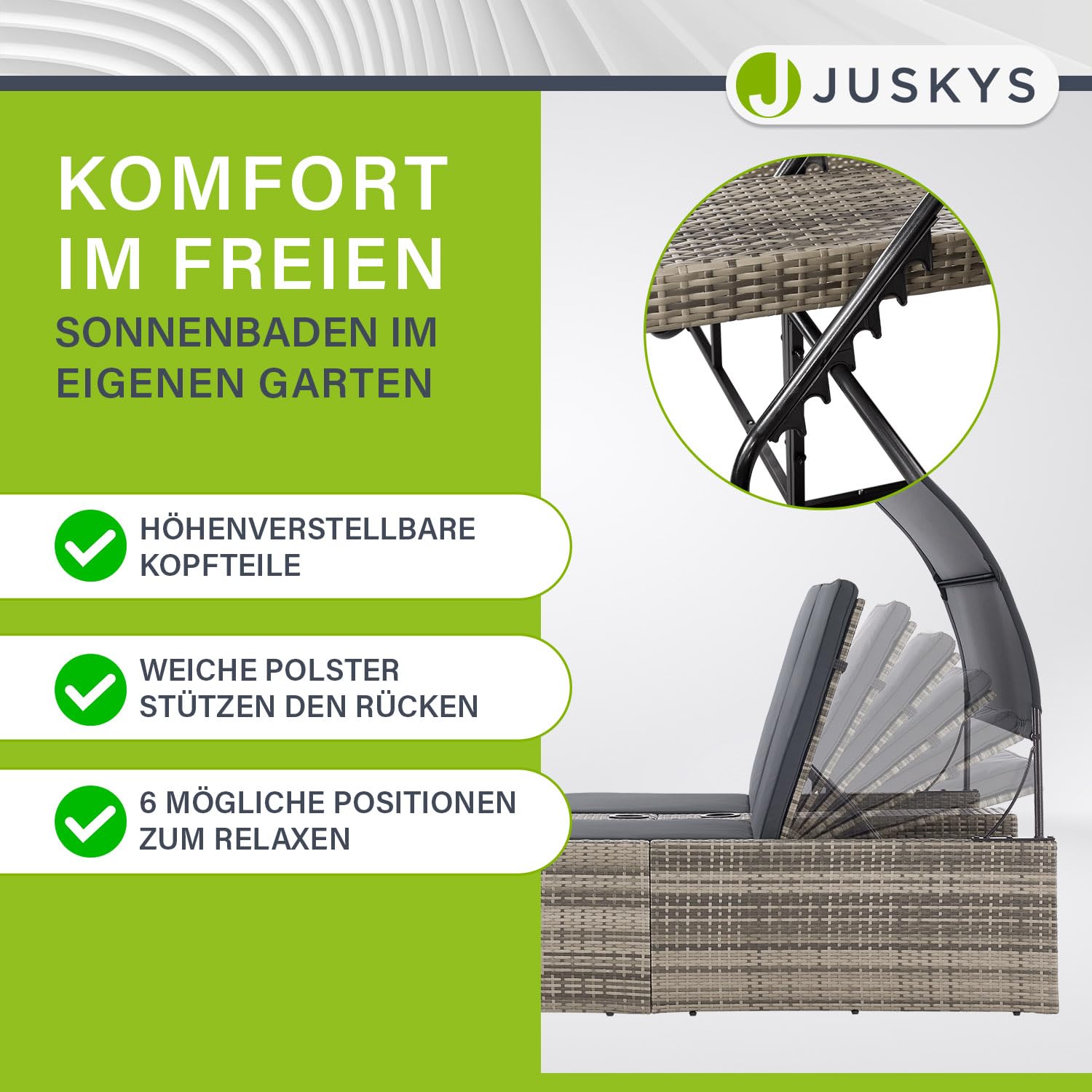 Juskys Polyrattan Doppelliege Syros - Garten Sonnenliege für 2 Personen - Outdoor Liege mit Dach & Auflagen - Kopfteil verstellbar - Grau-meliert