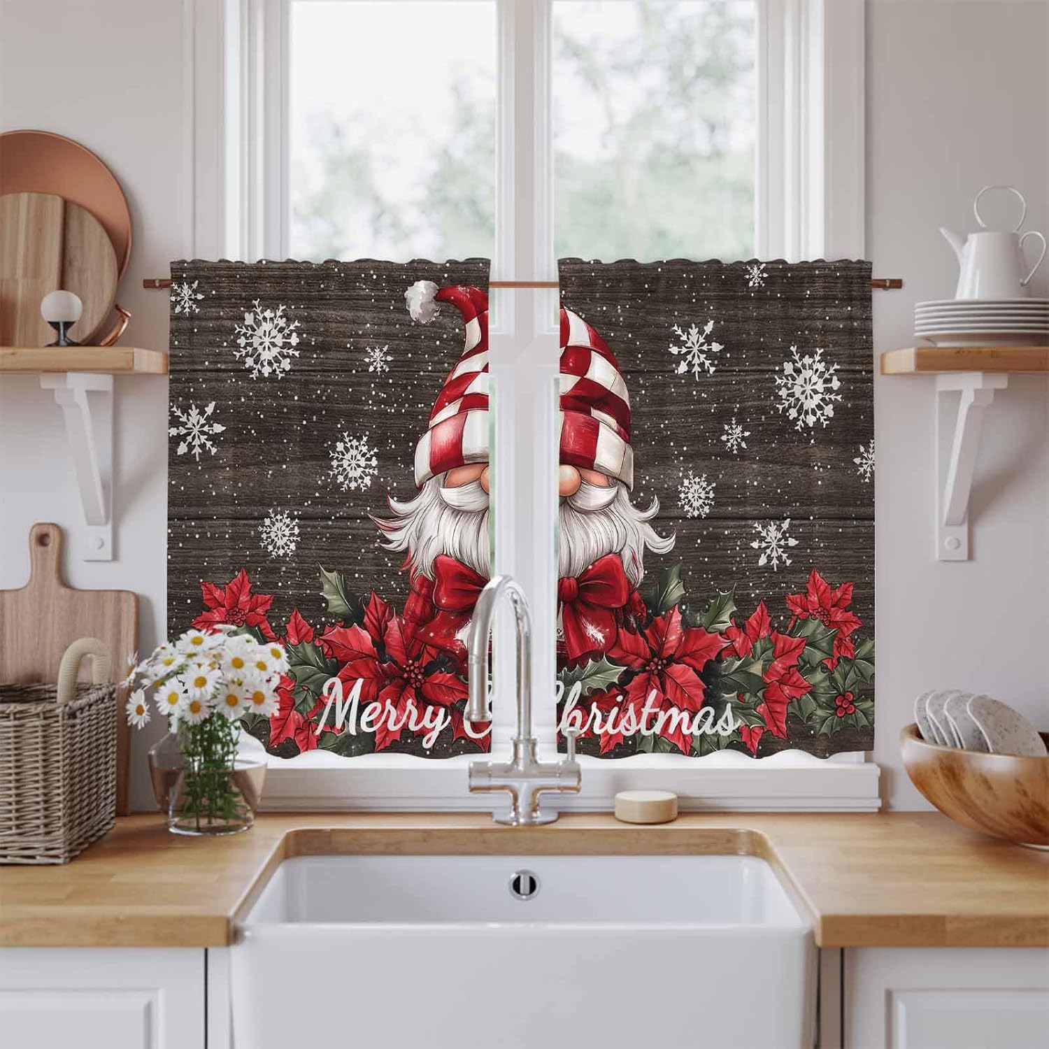 Vintage Gnomes Christmas Kitchen Tier Curtains 45 Inch Long 2 Panel Set,Rod Pocket Short Window Treatment,Snowflake Xmas Poinsettia Curtains & Drapes for Bathroom Basement 27.5"W x 45"L