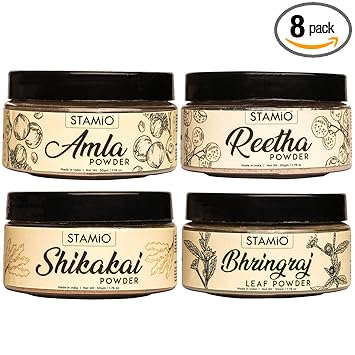 STAMIO Amla Reetha Shikakai Bhringraj Powder Combo for Hair Pack, Hair Wash, Hair Growth, Healthy Hair & Scalp | Natural Hair Cleanser, 50gm Each (400gm)